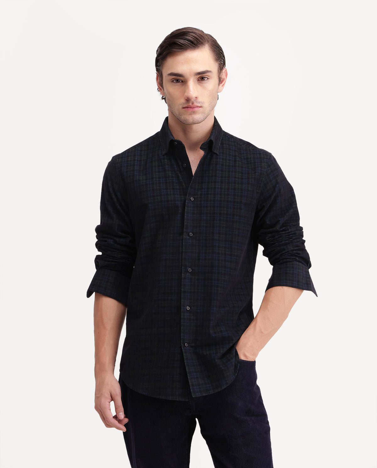 Rare Rabbit Men's Hagg Navy Cotton Button Regular Fit Checked Shirt