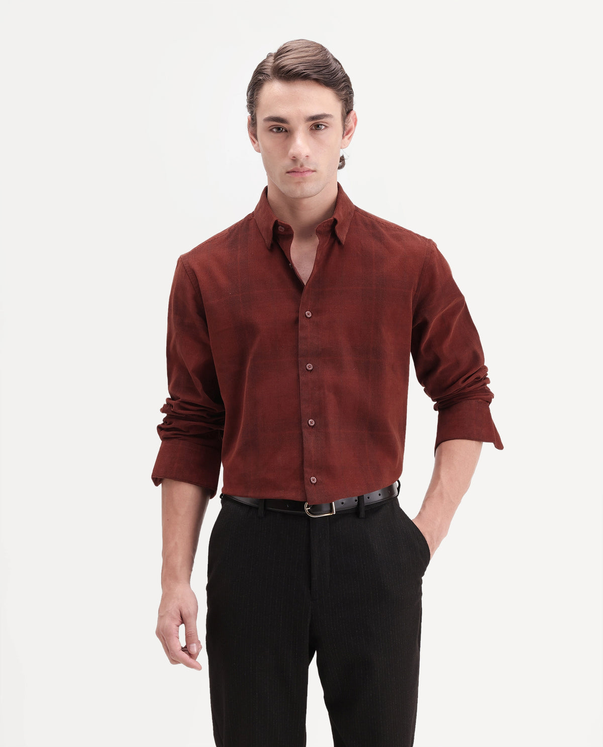 Rare Rabbit Men's Diego Rust Cotton Button Regular Fit Checked Shirt