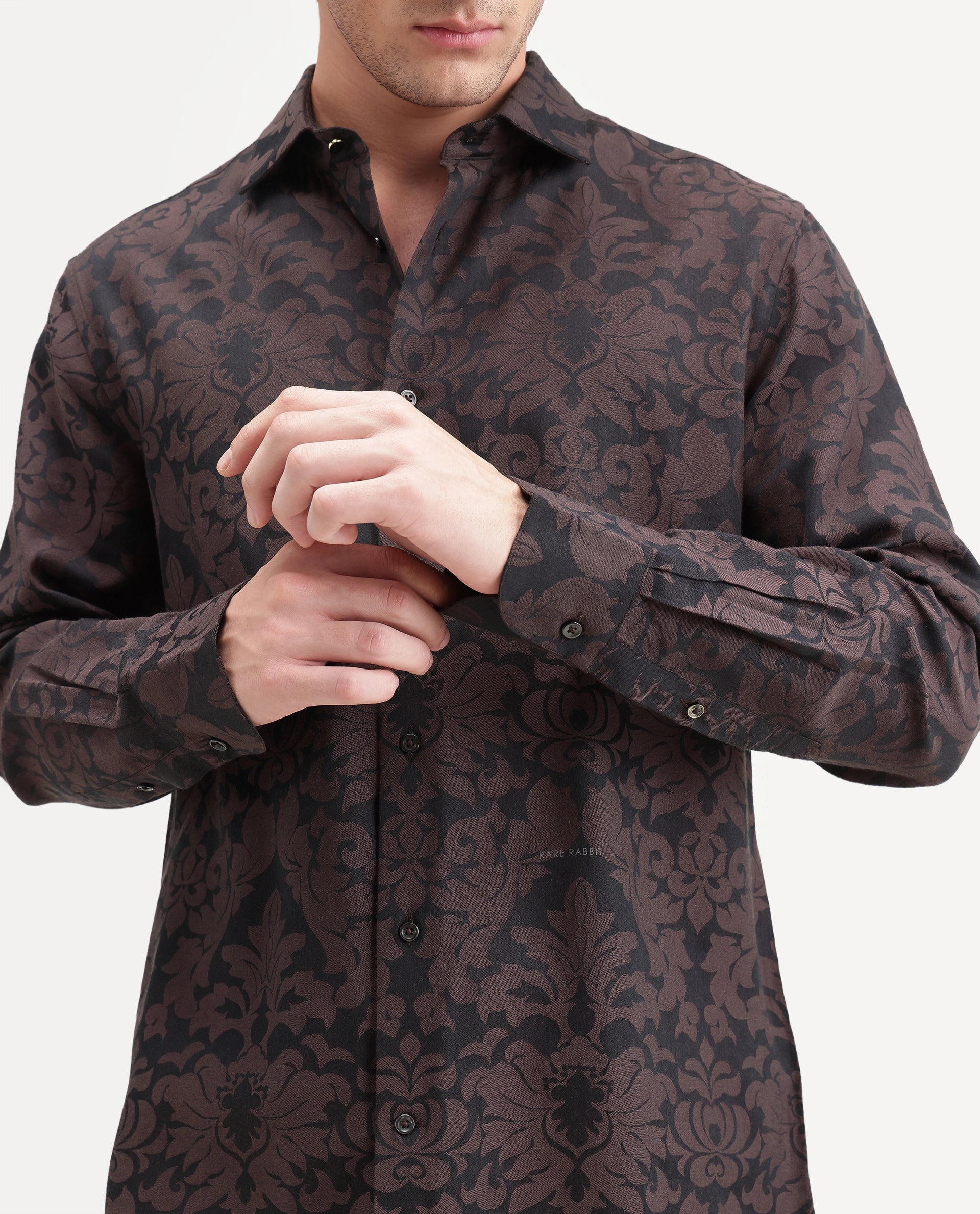 Rare Rabbit Men's Rio Brown Cotton Blend Button Regular Fit Jacquard Shirt
