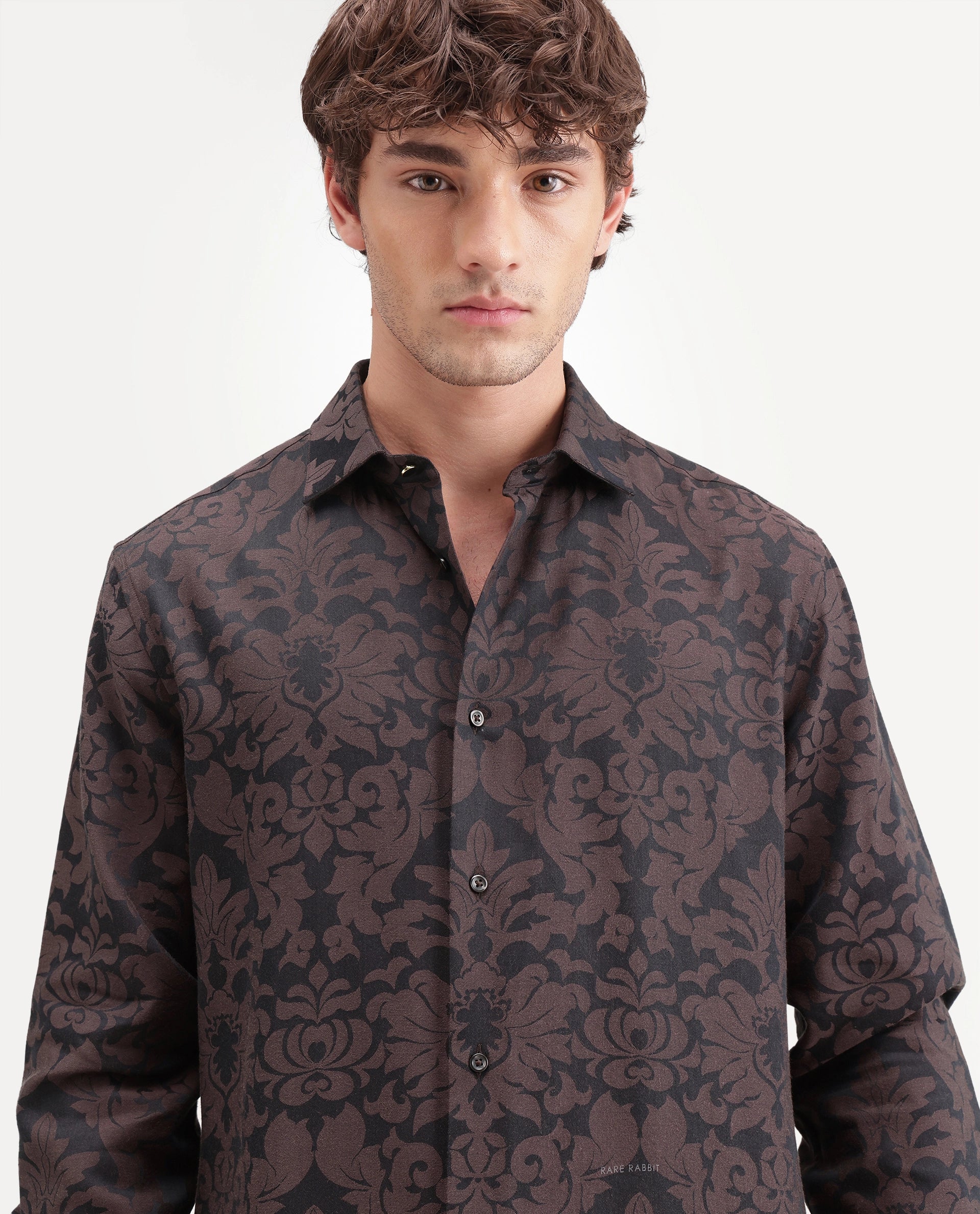 Rare Rabbit Men's Rio Brown Cotton Blend Button Regular Fit Jacquard Shirt