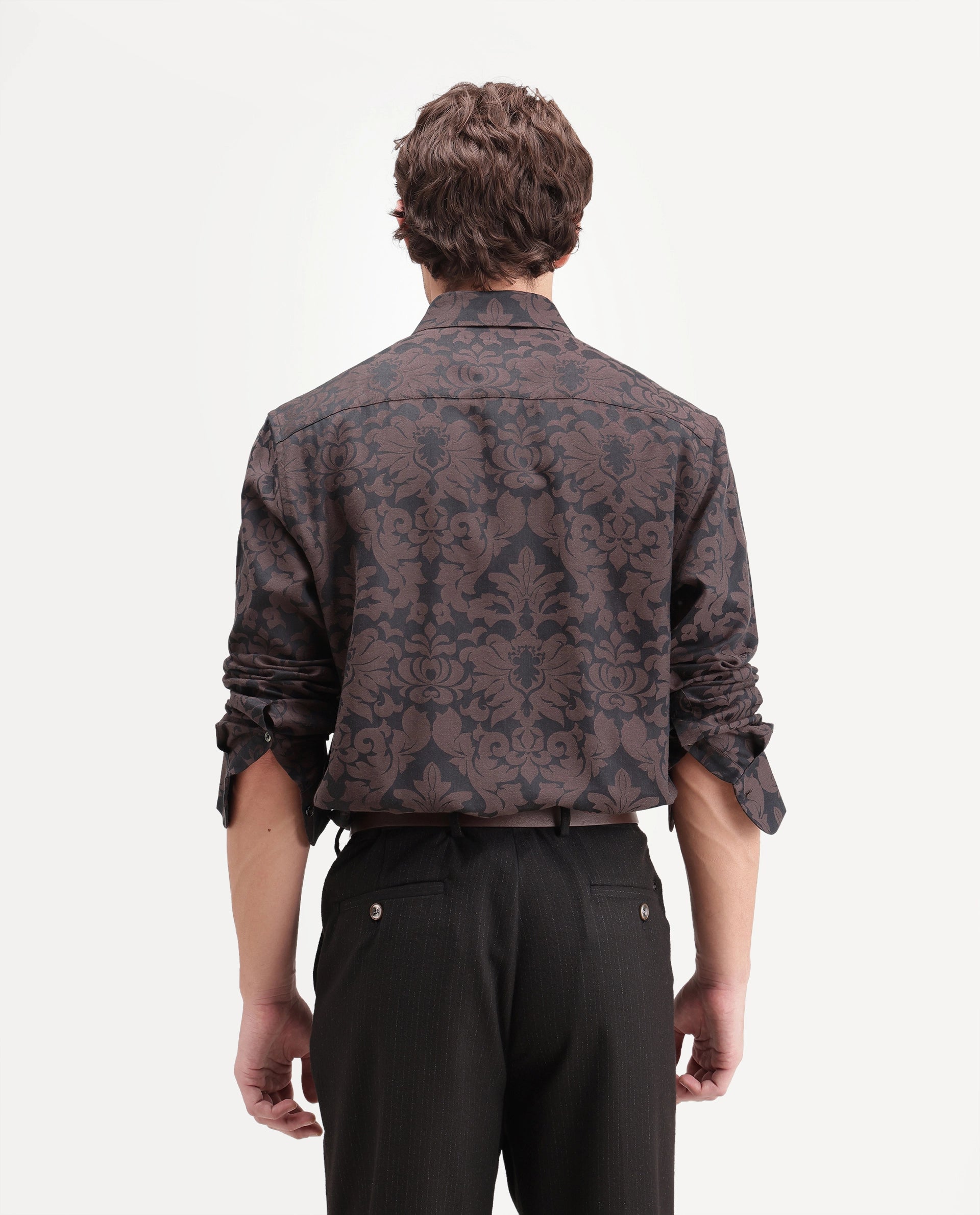 Rare Rabbit Men's Rio Brown Cotton Blend Button Regular Fit Jacquard Shirt