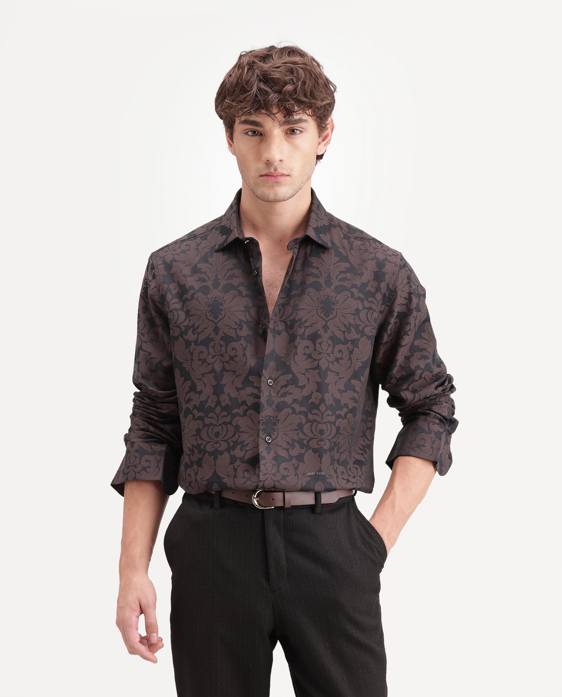 Rare Rabbit Men's Rio Brown Cotton Blend Button Regular Fit Jacquard Shirt
