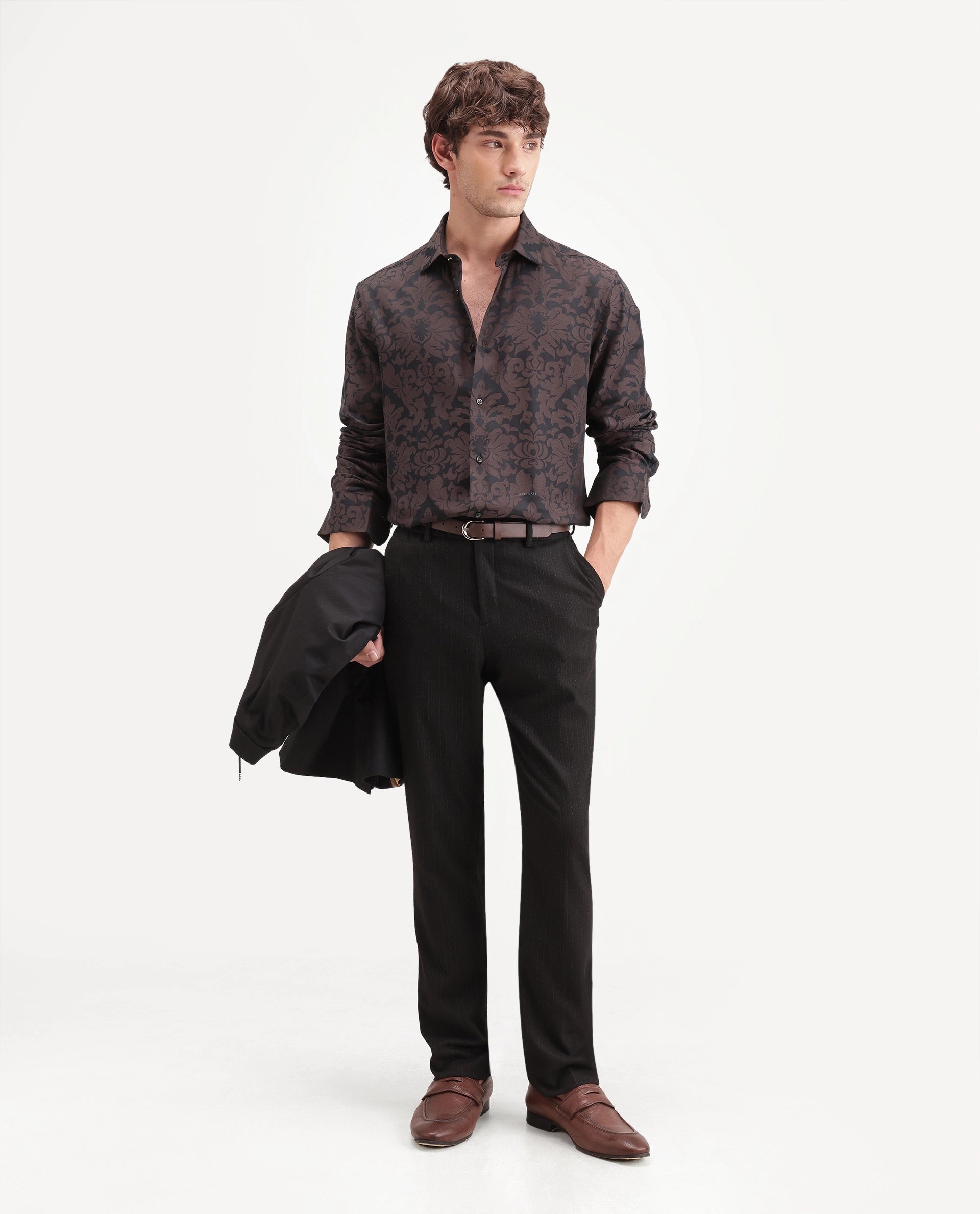 Rare Rabbit Men's Rio Brown Cotton Blend Button Regular Fit Jacquard Shirt