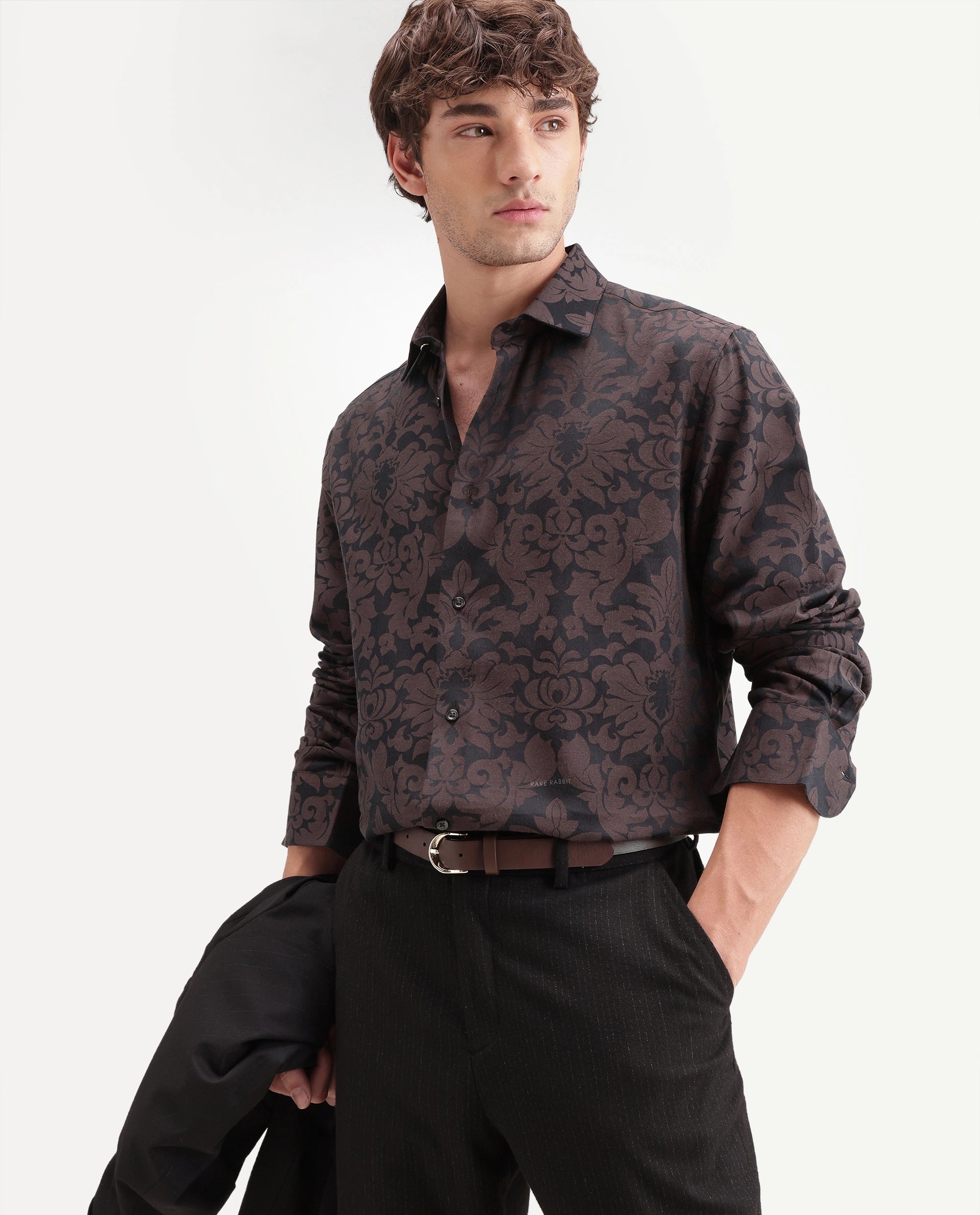 Rare Rabbit Men's Rio Brown Cotton Blend Button Regular Fit Jacquard Shirt