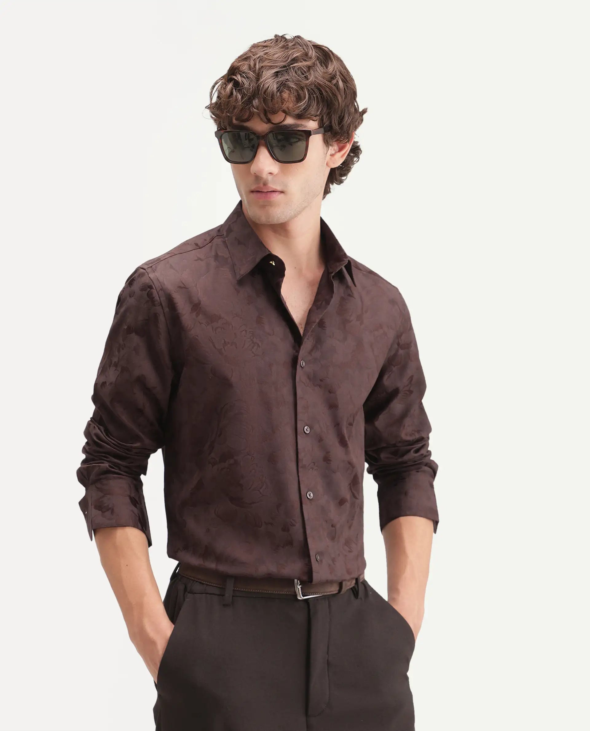 Rare Rabbit Men's Kavo Brown Polyester Blend Button Regular Fit Jacquard Shirt