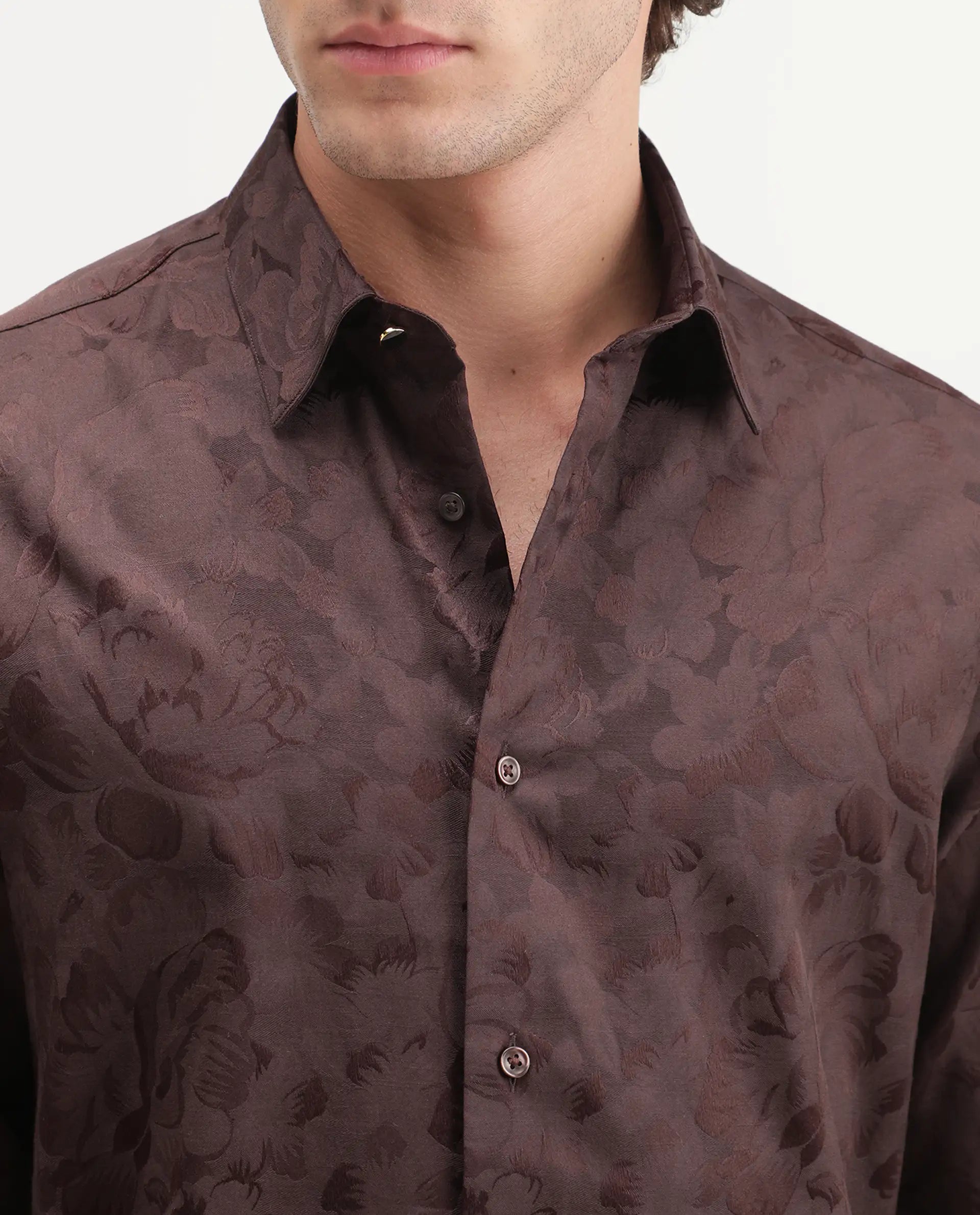 Rare Rabbit Men's Kavo Brown Polyester Blend Button Regular Fit Jacquard Shirt