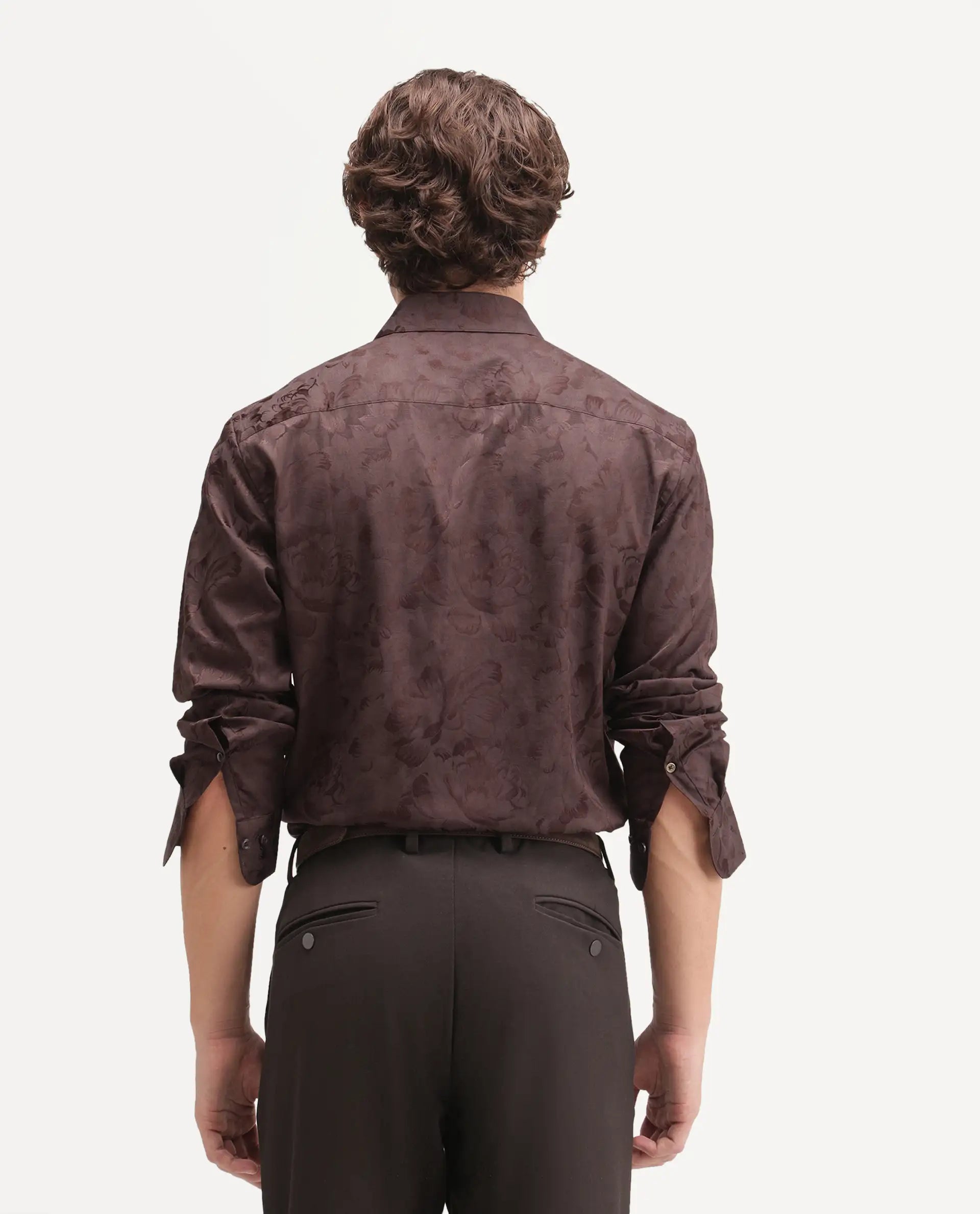 Rare Rabbit Men's Kavo Brown Polyester Blend Button Regular Fit Jacquard Shirt