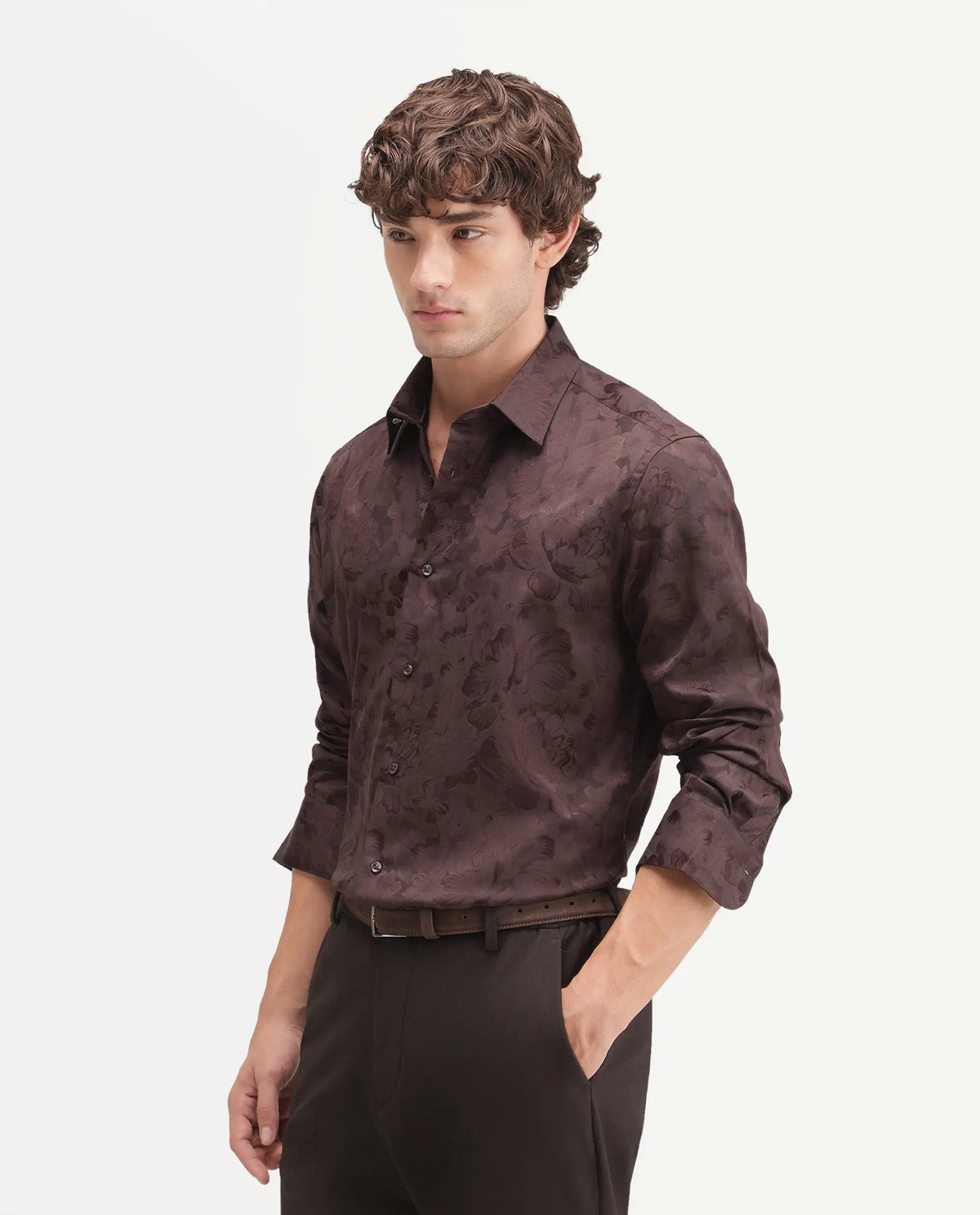 Rare Rabbit Men's Kavo Brown Polyester Blend Button Regular Fit Jacquard Shirt