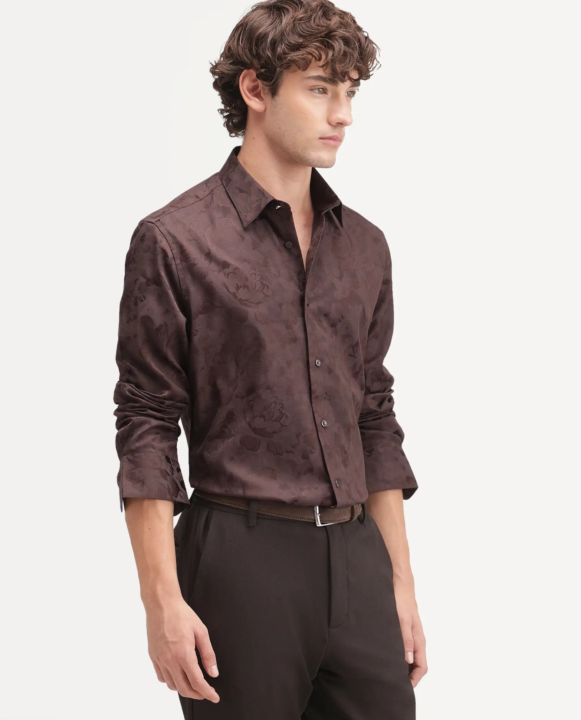 Rare Rabbit Men's Kavo Brown Polyester Blend Button Regular Fit Jacquard Shirt