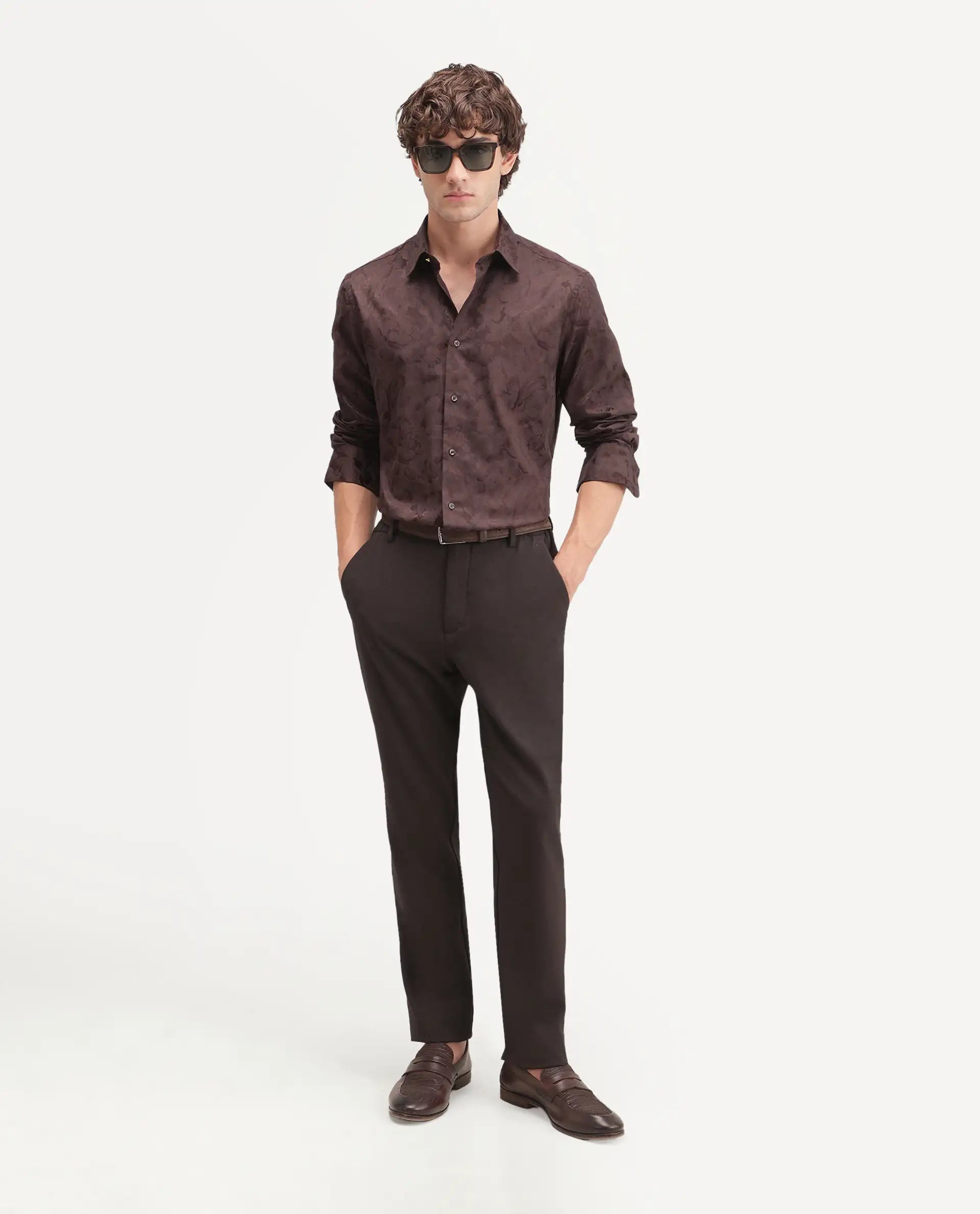 Rare Rabbit Men's Kavo Brown Polyester Blend Button Regular Fit Jacquard Shirt