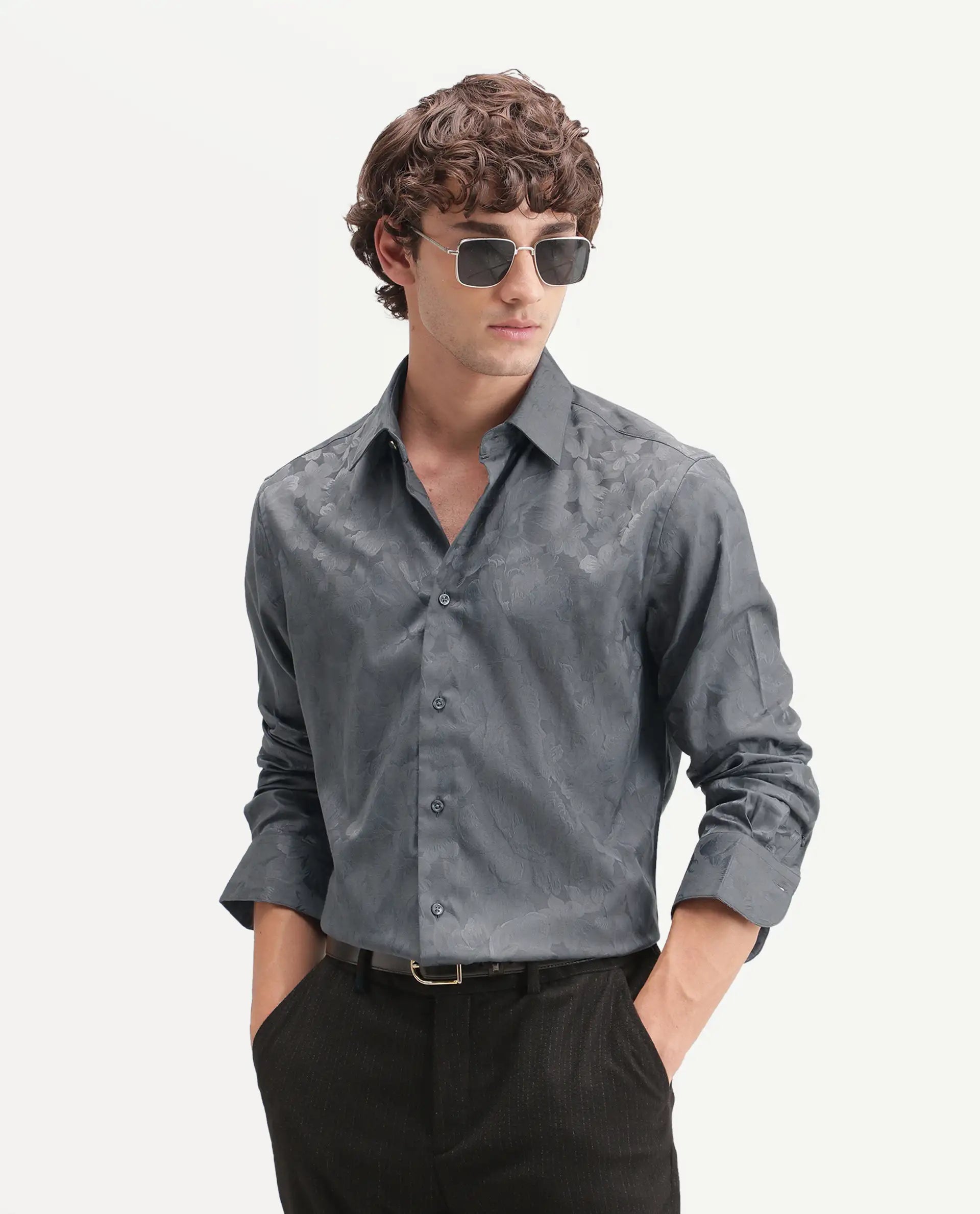 Rare Rabbit Men's Kavo Grey Polyester Blend Button Regular Fit Jacquard Shirt
