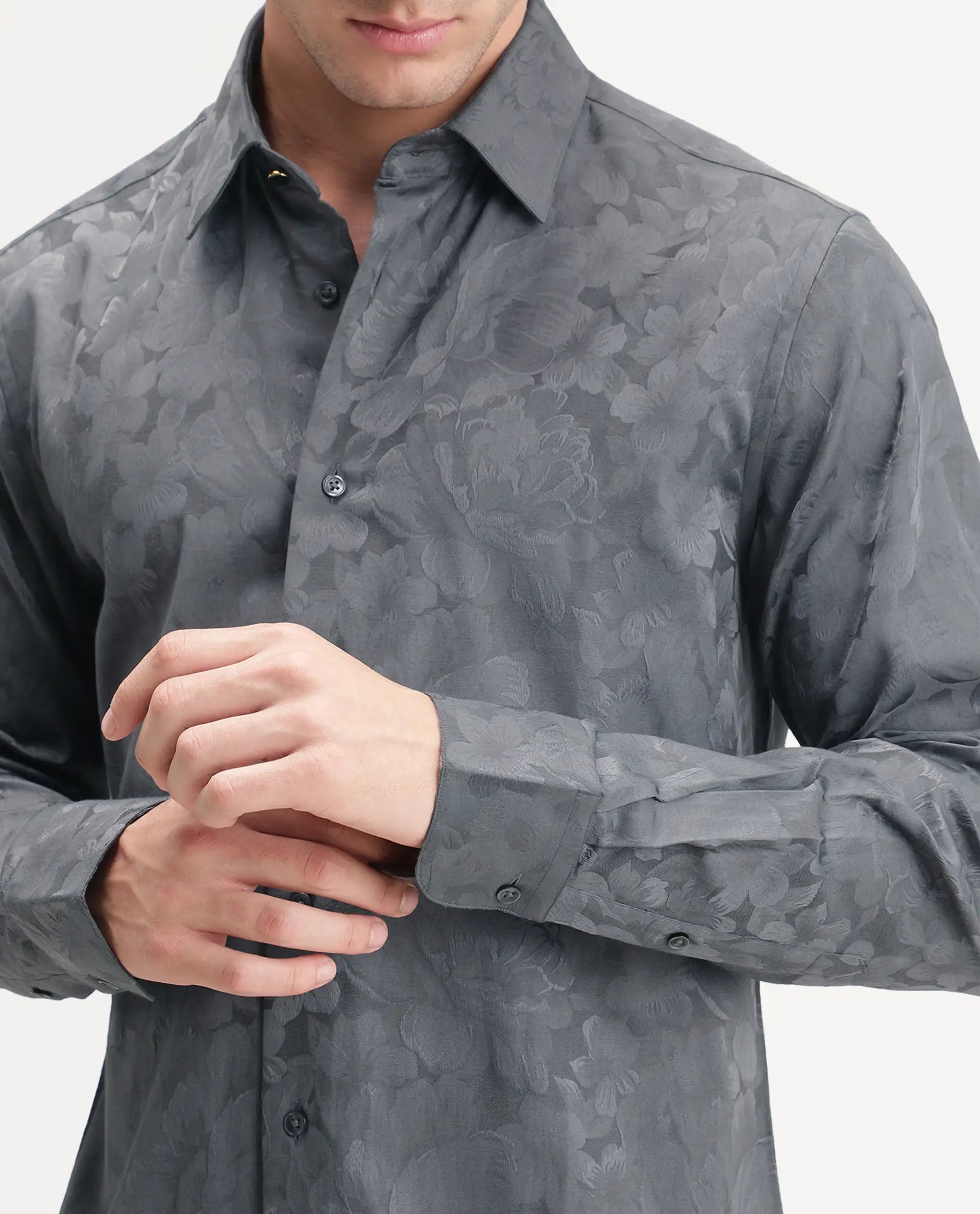 Rare Rabbit Men's Kavo Grey Polyester Blend Button Regular Fit Jacquard Shirt