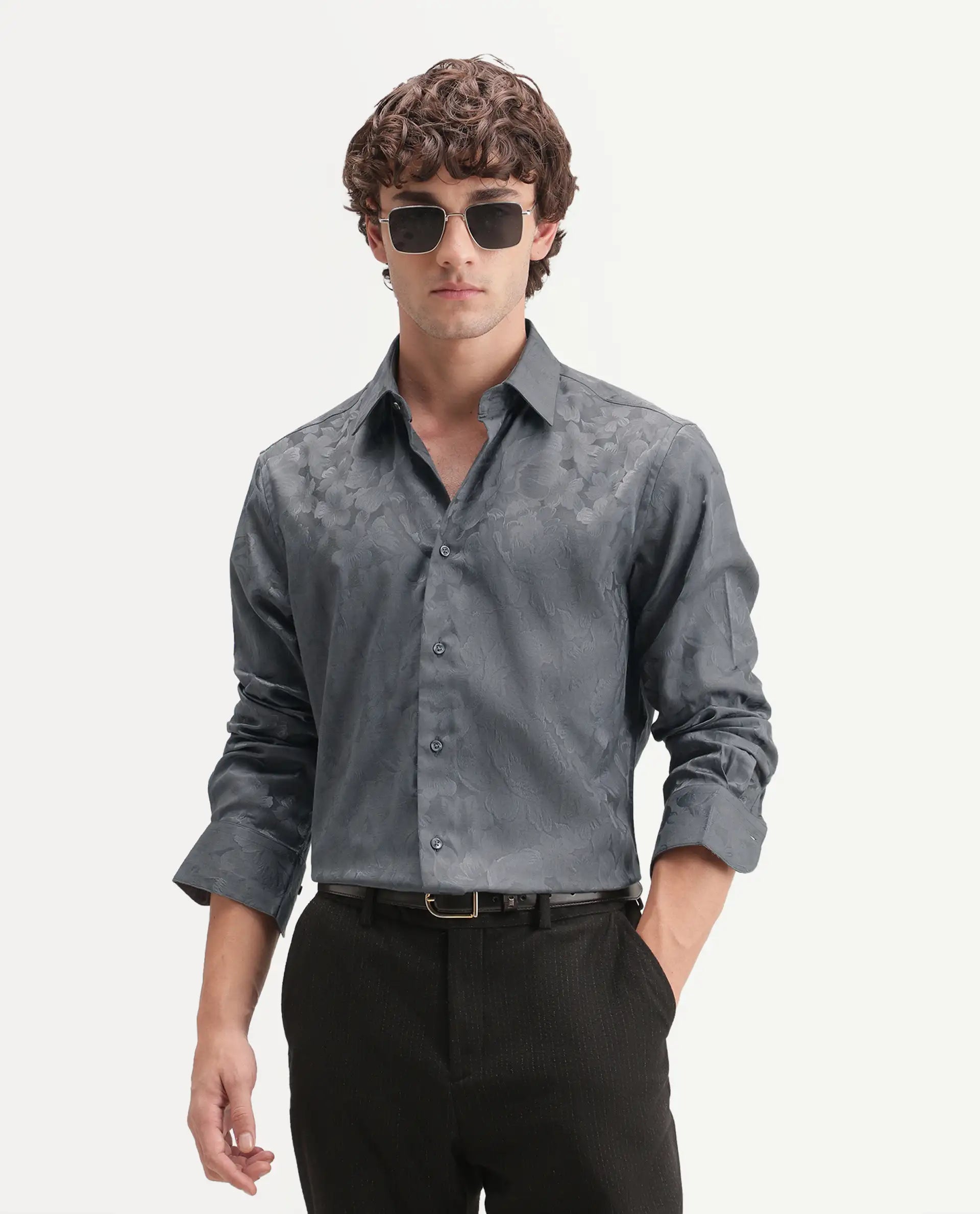 Rare Rabbit Men's Kavo Grey Polyester Blend Button Regular Fit Jacquard Shirt