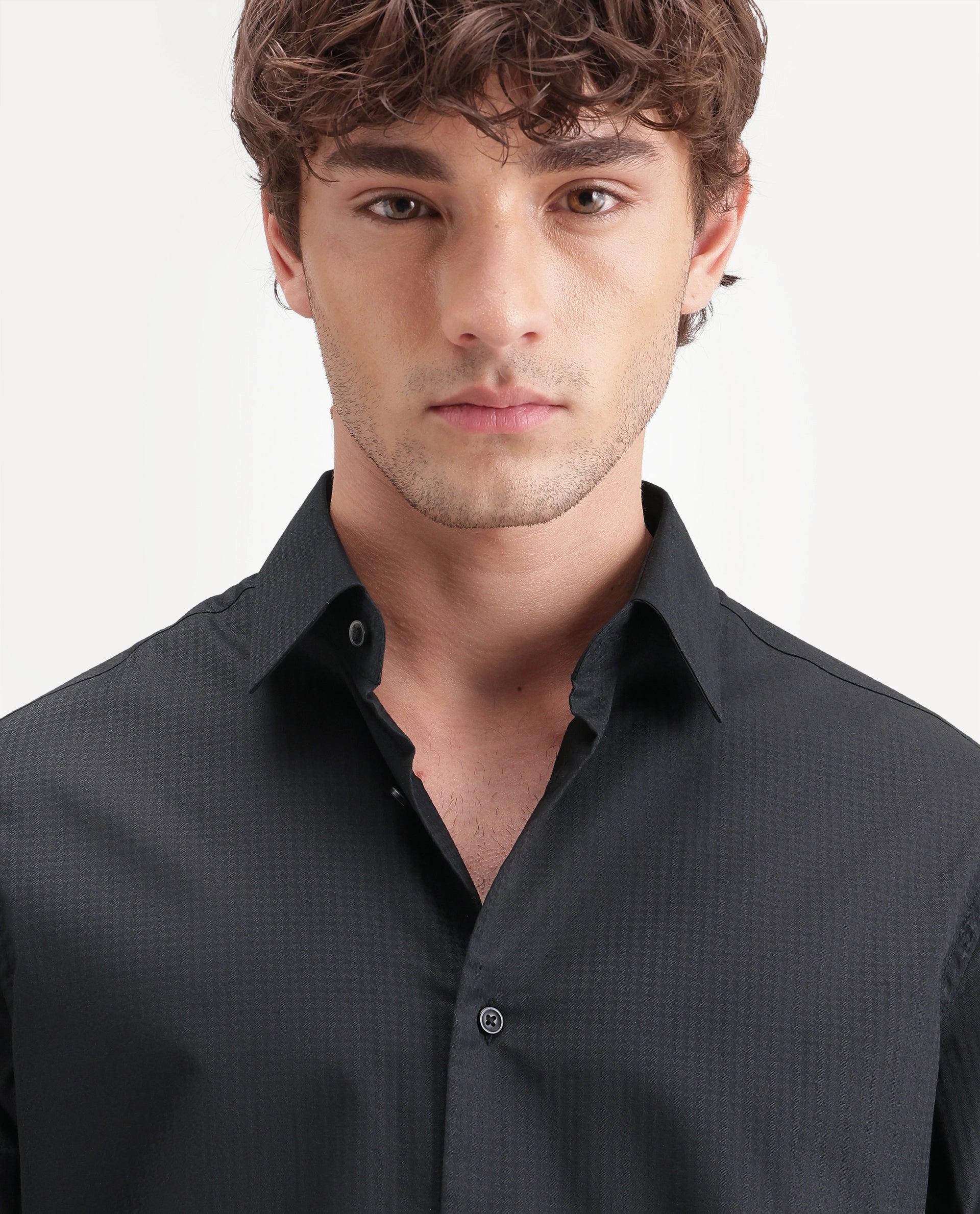 Rare Rabbit Men's Jane Dusky Black Cotton Button Regular Fit Plain Shirt