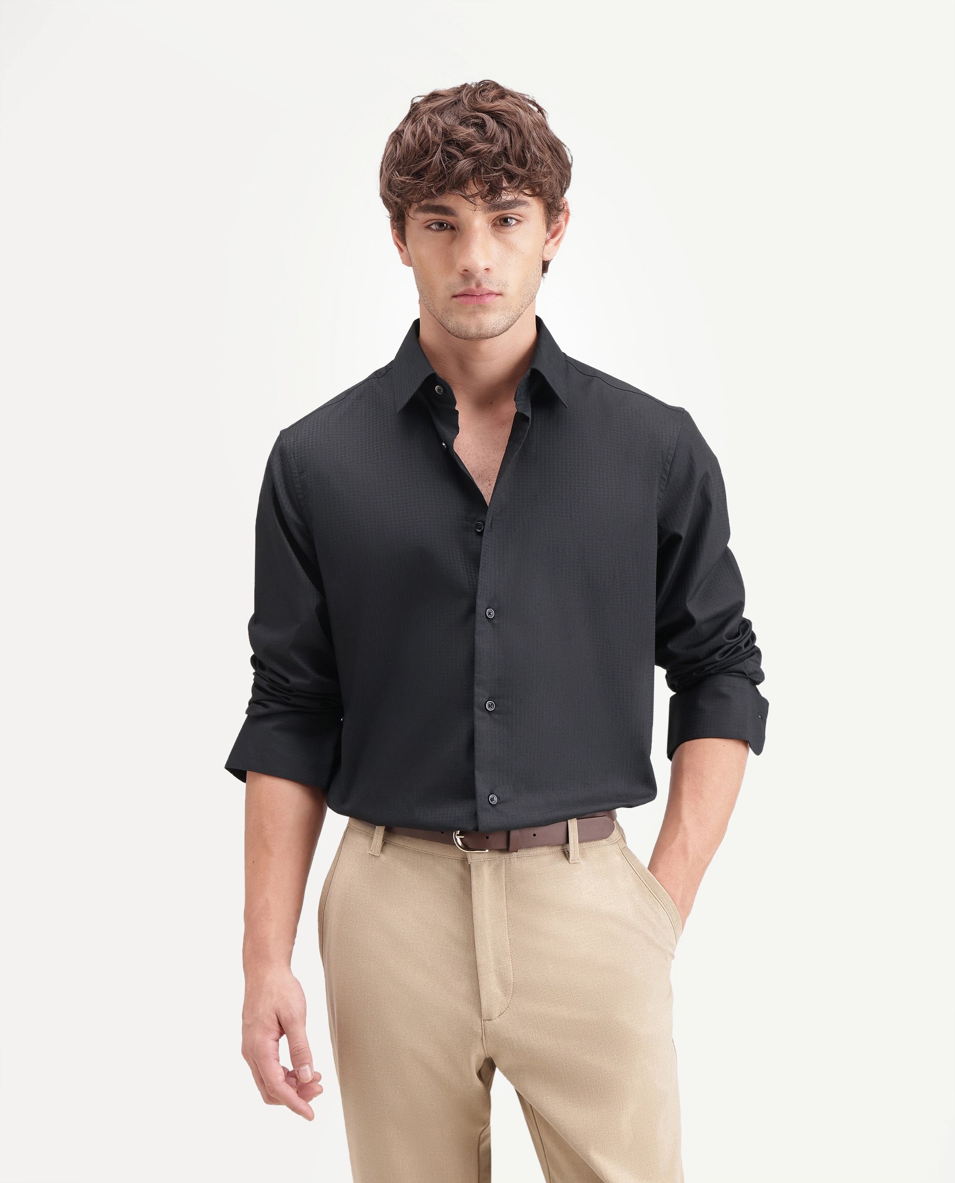 Rare Rabbit Men's Jane Dusky Black Cotton Button Regular Fit Plain Shirt