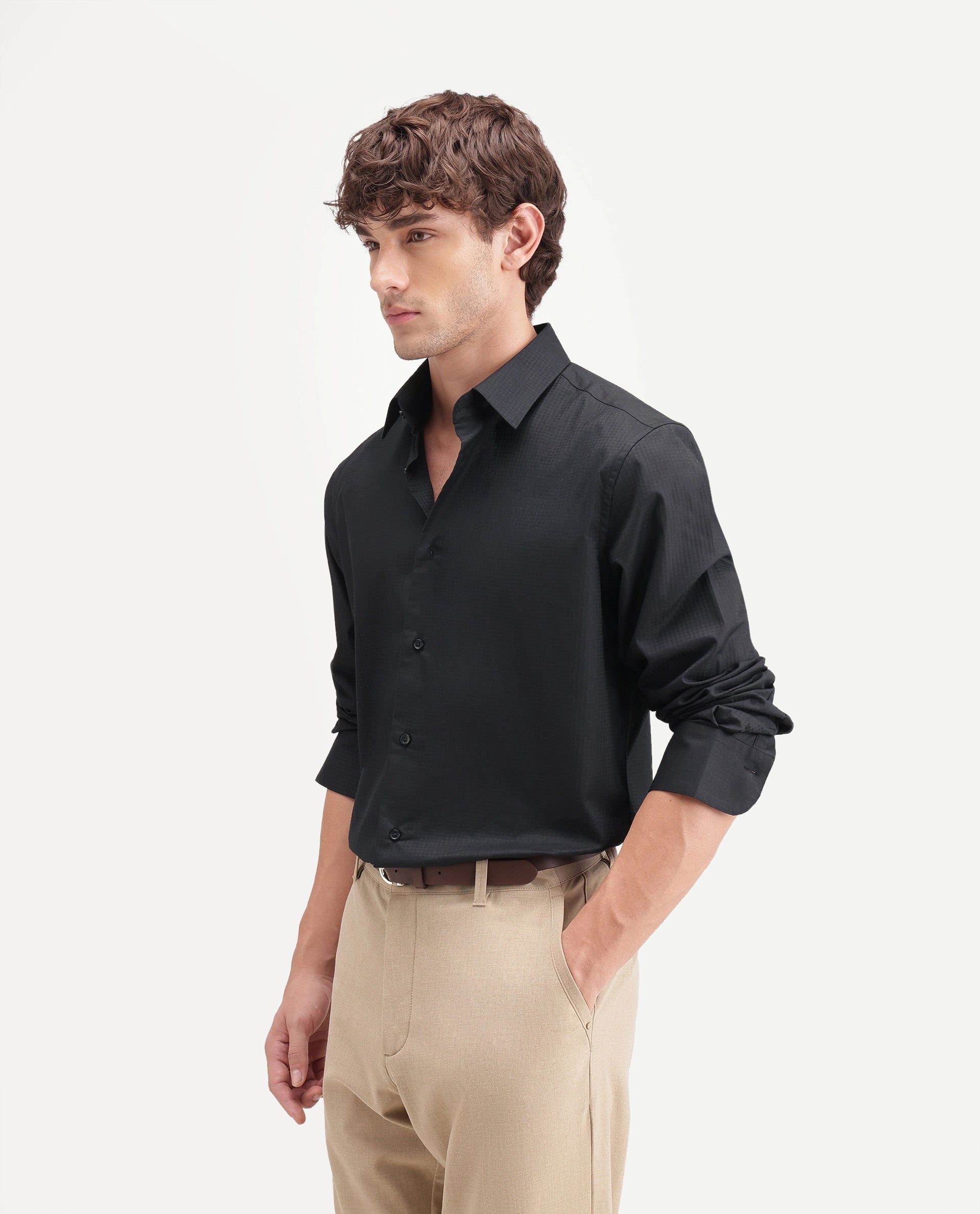 Rare Rabbit Men's Jane Dusky Black Cotton Button Regular Fit Plain Shirt