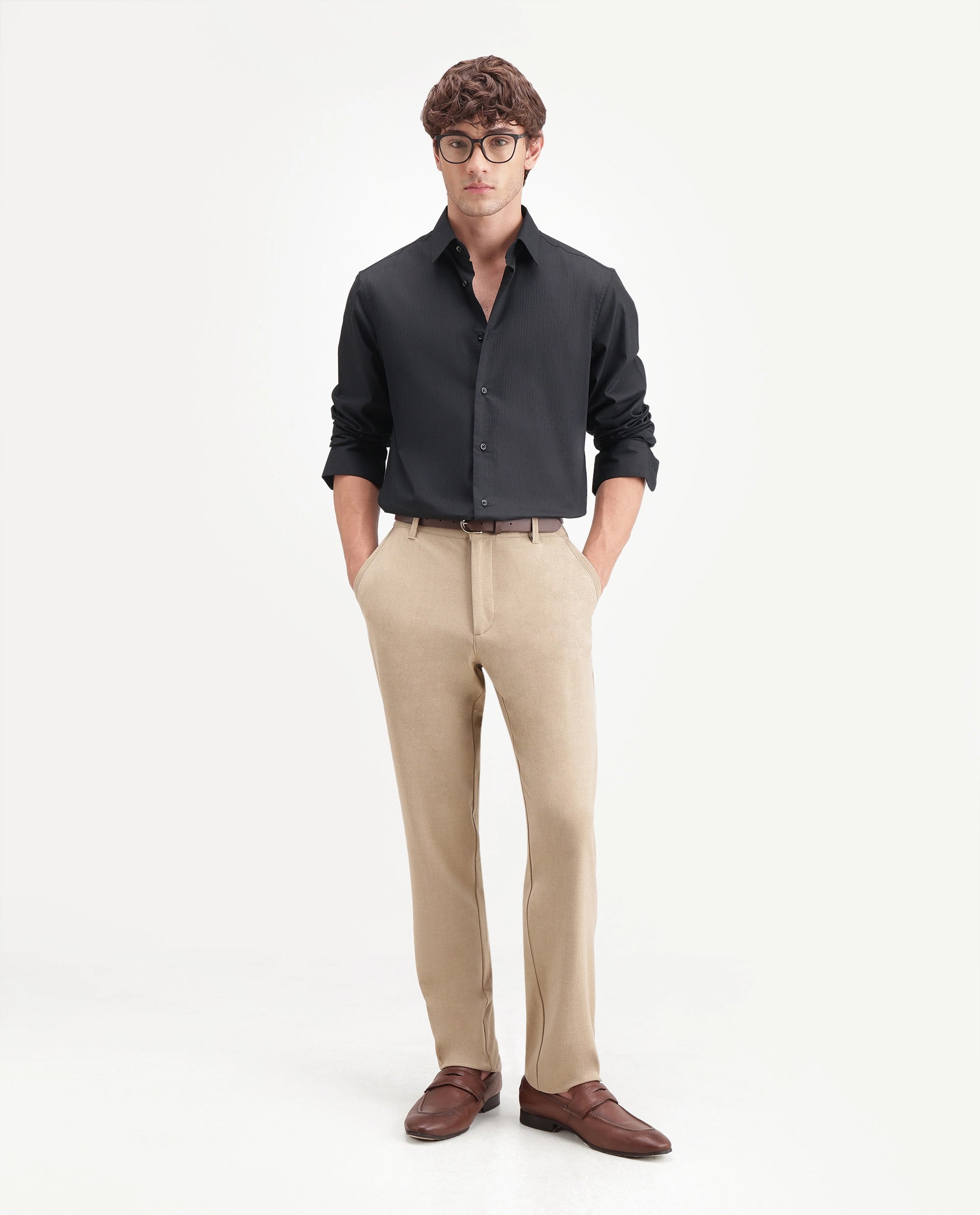 Rare Rabbit Men's Jane Dusky Black Cotton Button Regular Fit Plain Shirt