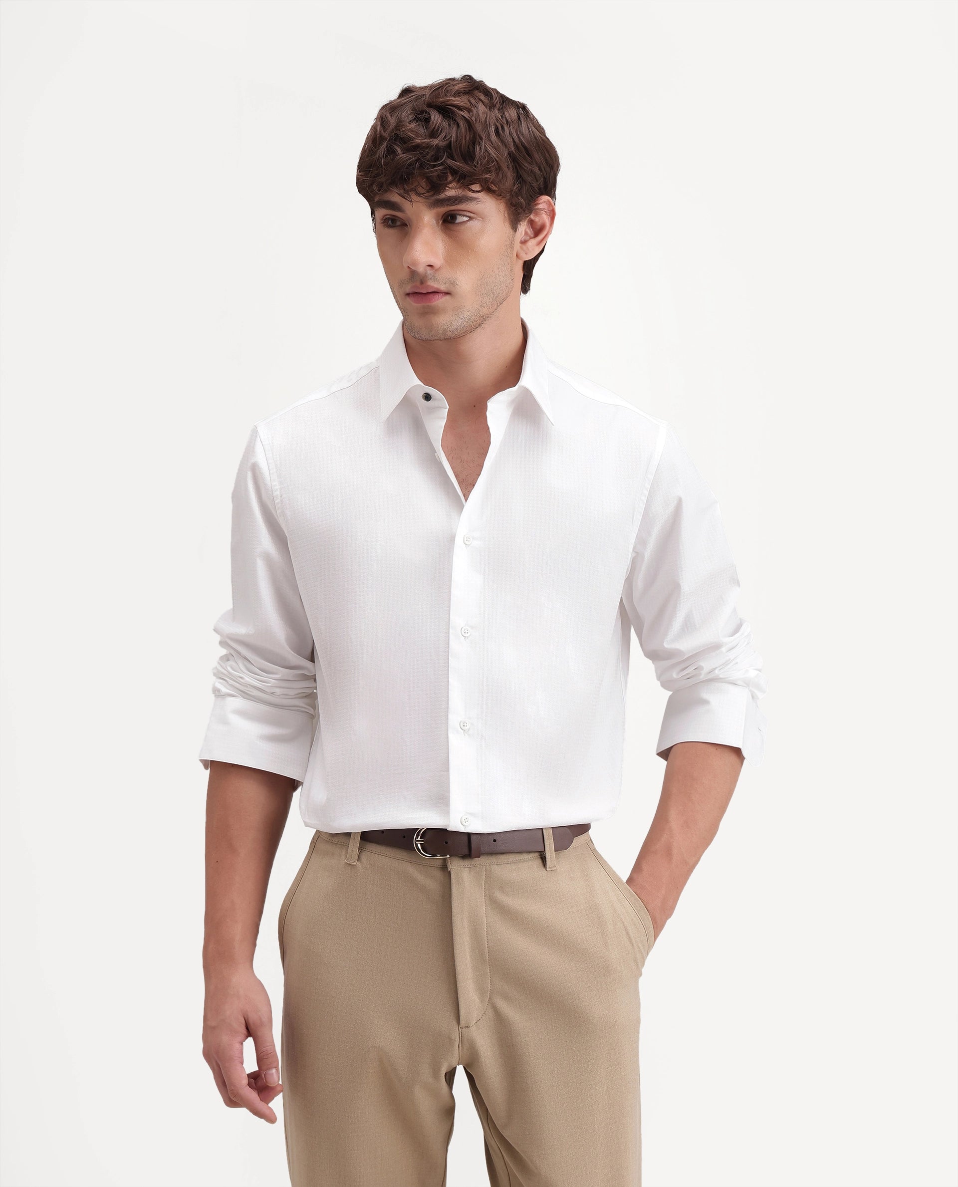 Rare Rabbit Men's Jane White Cotton Button Regular Fit Plain Shirt