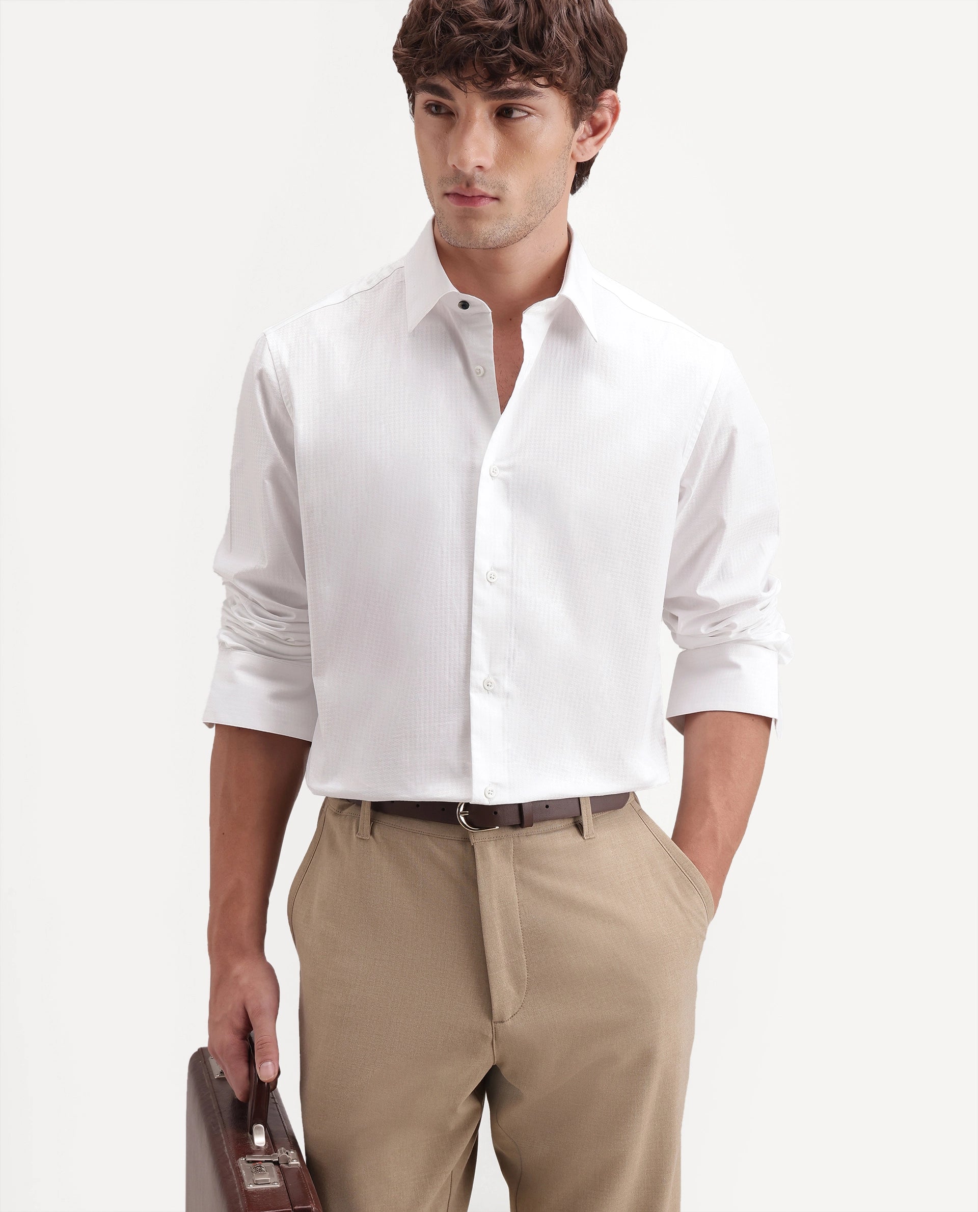 Rare Rabbit Men's Jane White Cotton Button Regular Fit Plain Shirt
