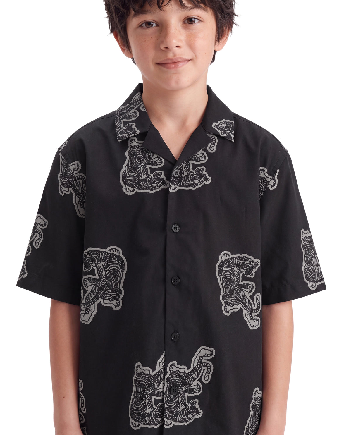 Rare Ones Kids Binic Black Cotton Blend Fabric Cuban Collar Button Closure Regular Fit Digital Print Shirt