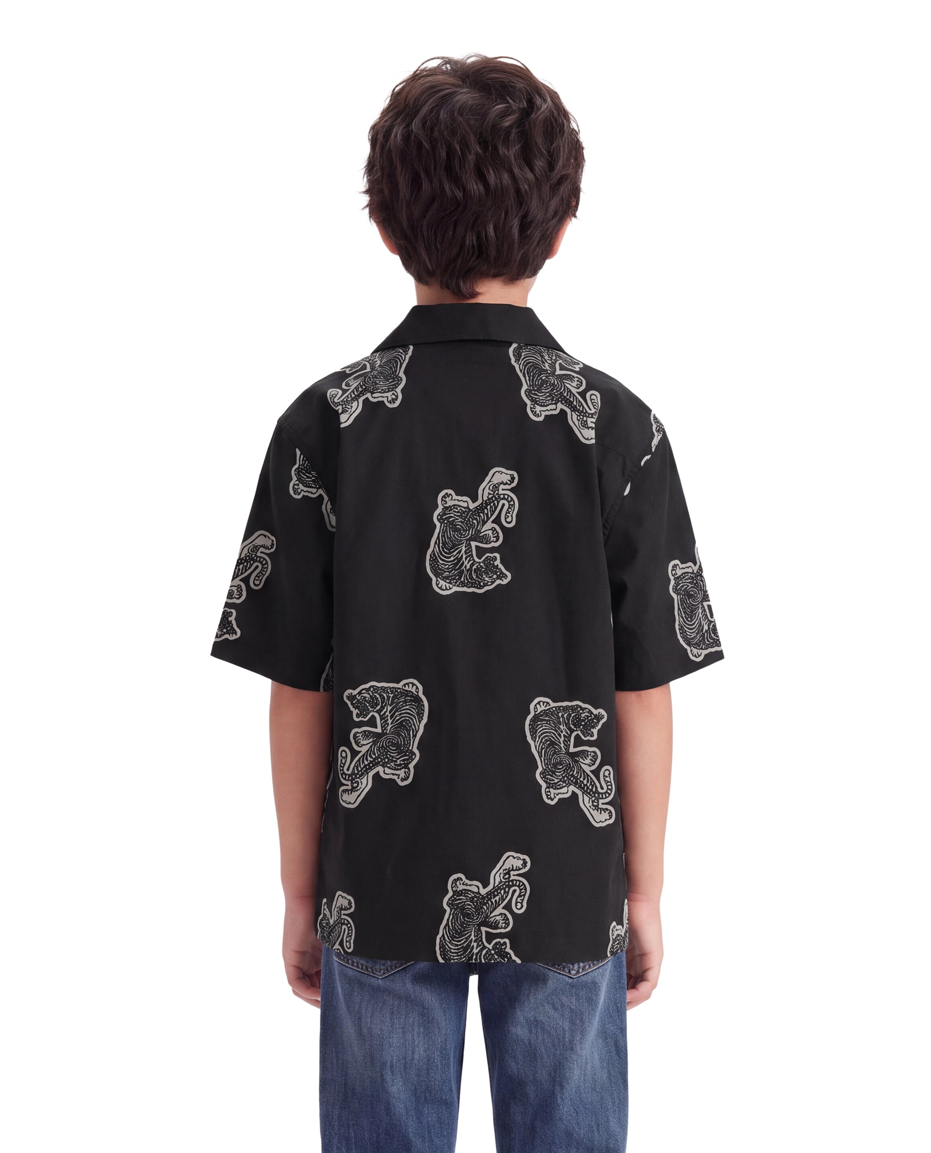 Rare Ones Kids Binic Black Cotton Blend Fabric Cuban Collar Button Closure Regular Fit Digital Print Shirt