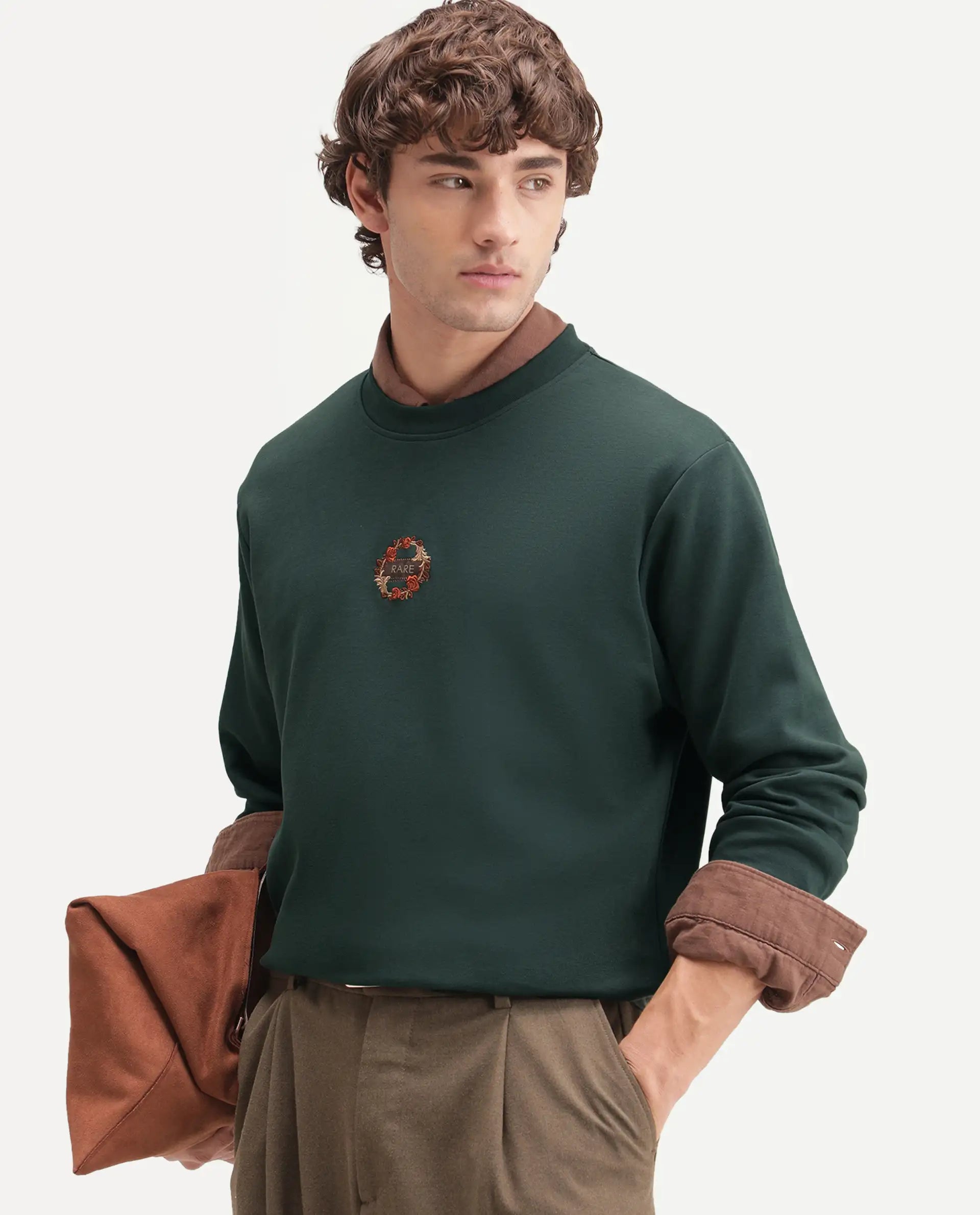 Rare Rabbit Men's Gian Dark Green Cotton Blend Crew Neck Regular Embroidered Sweatshirt