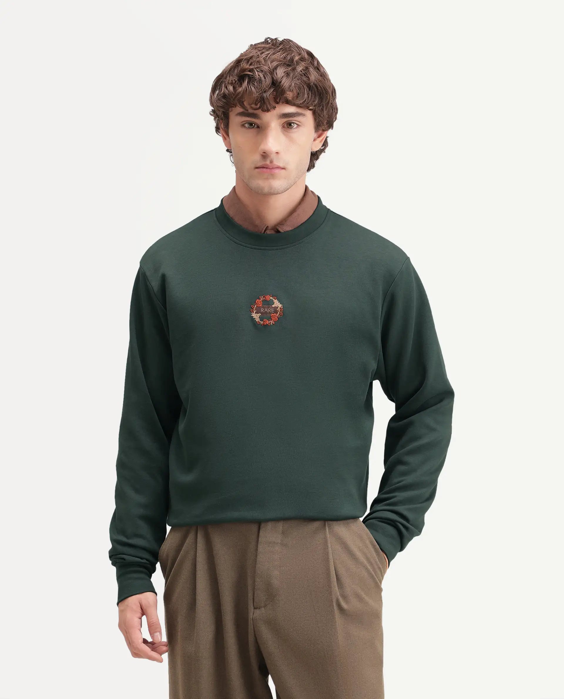 Rare Rabbit Men's Gian Dark Green Cotton Blend Crew Neck Regular Embroidered Sweatshirt
