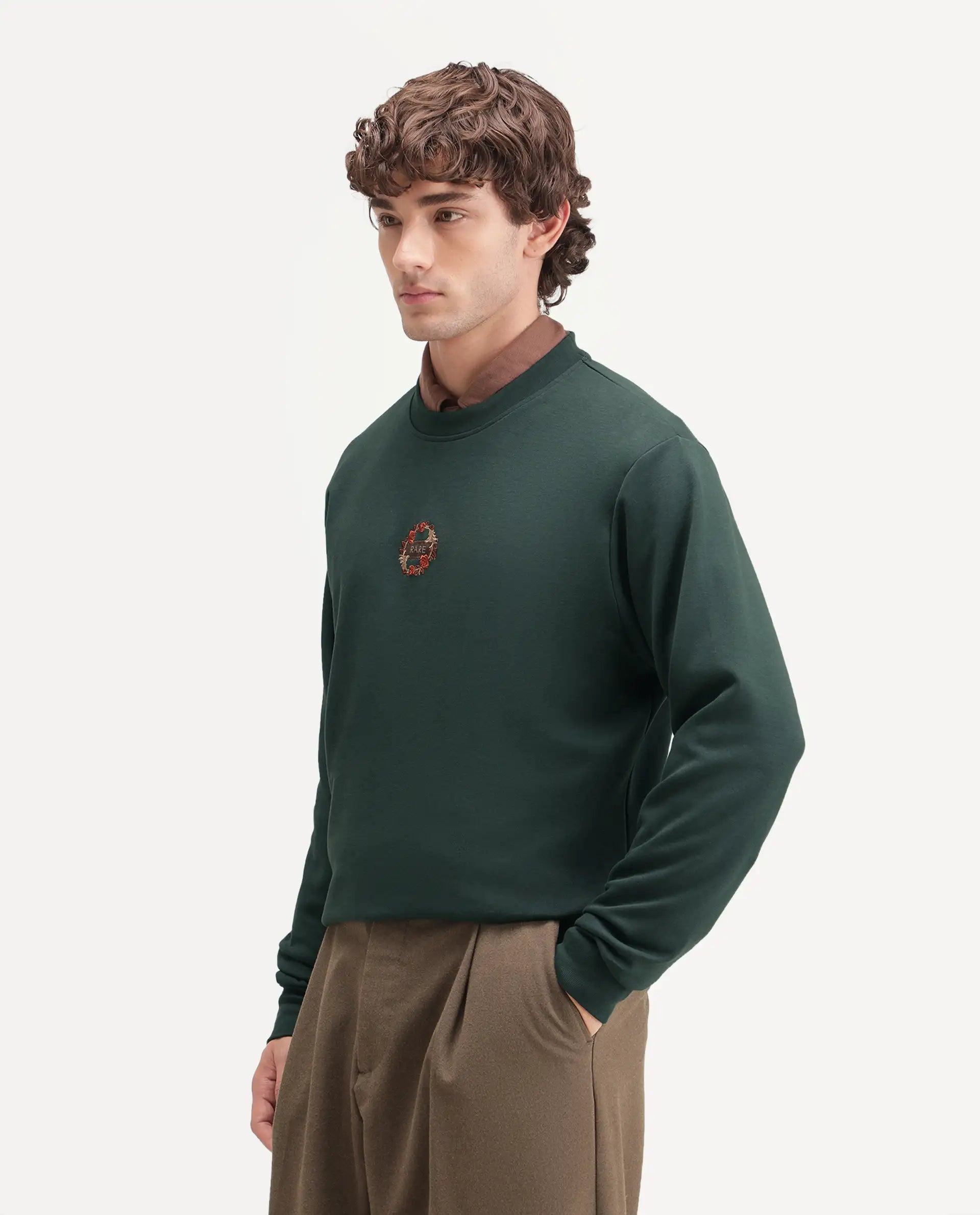Rare Rabbit Men's Gian Dark Green Cotton Blend Crew Neck Regular Embroidered Sweatshirt