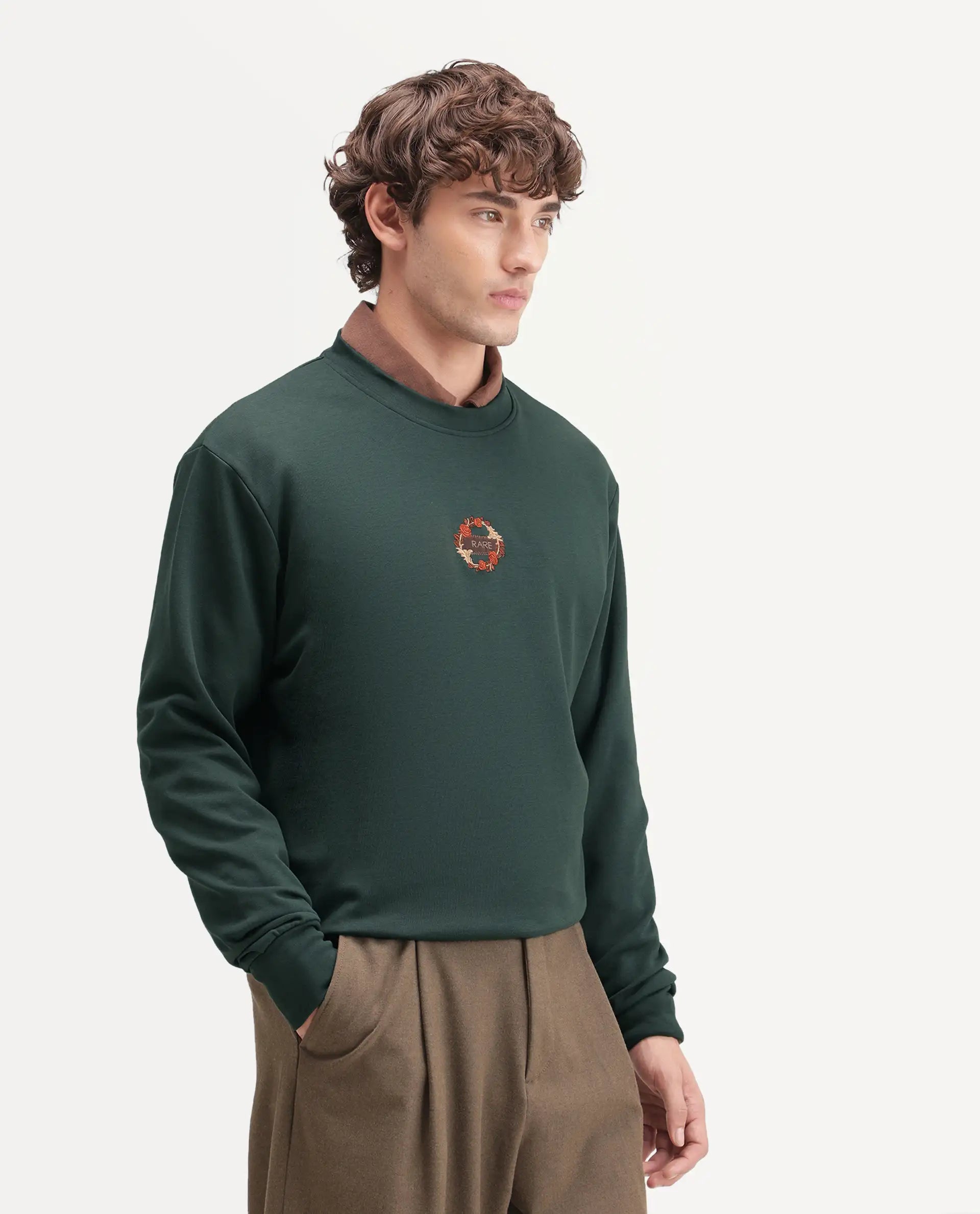 Rare Rabbit Men's Gian Dark Green Cotton Blend Crew Neck Regular Embroidered Sweatshirt