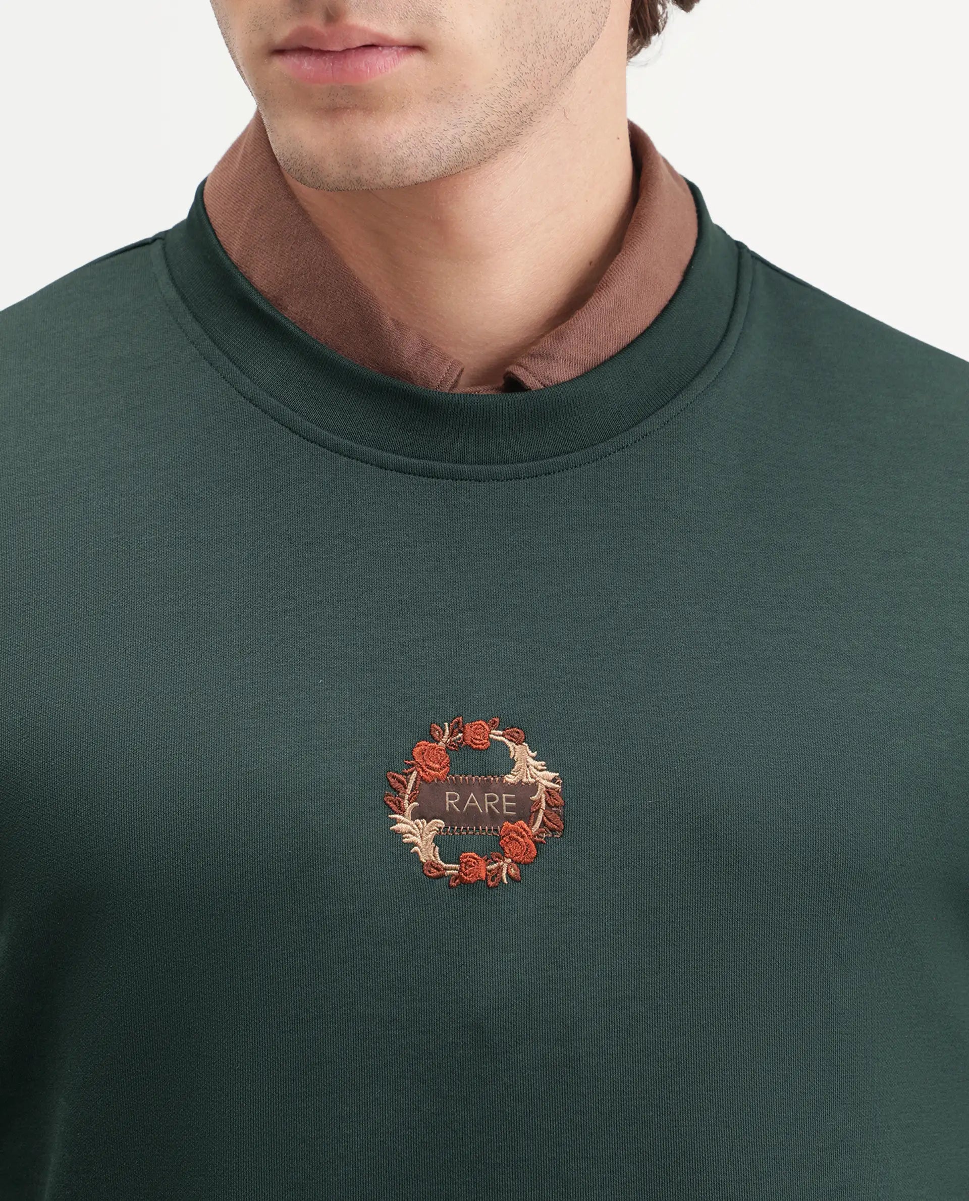Rare Rabbit Men's Gian Dark Green Cotton Blend Crew Neck Regular Embroidered Sweatshirt