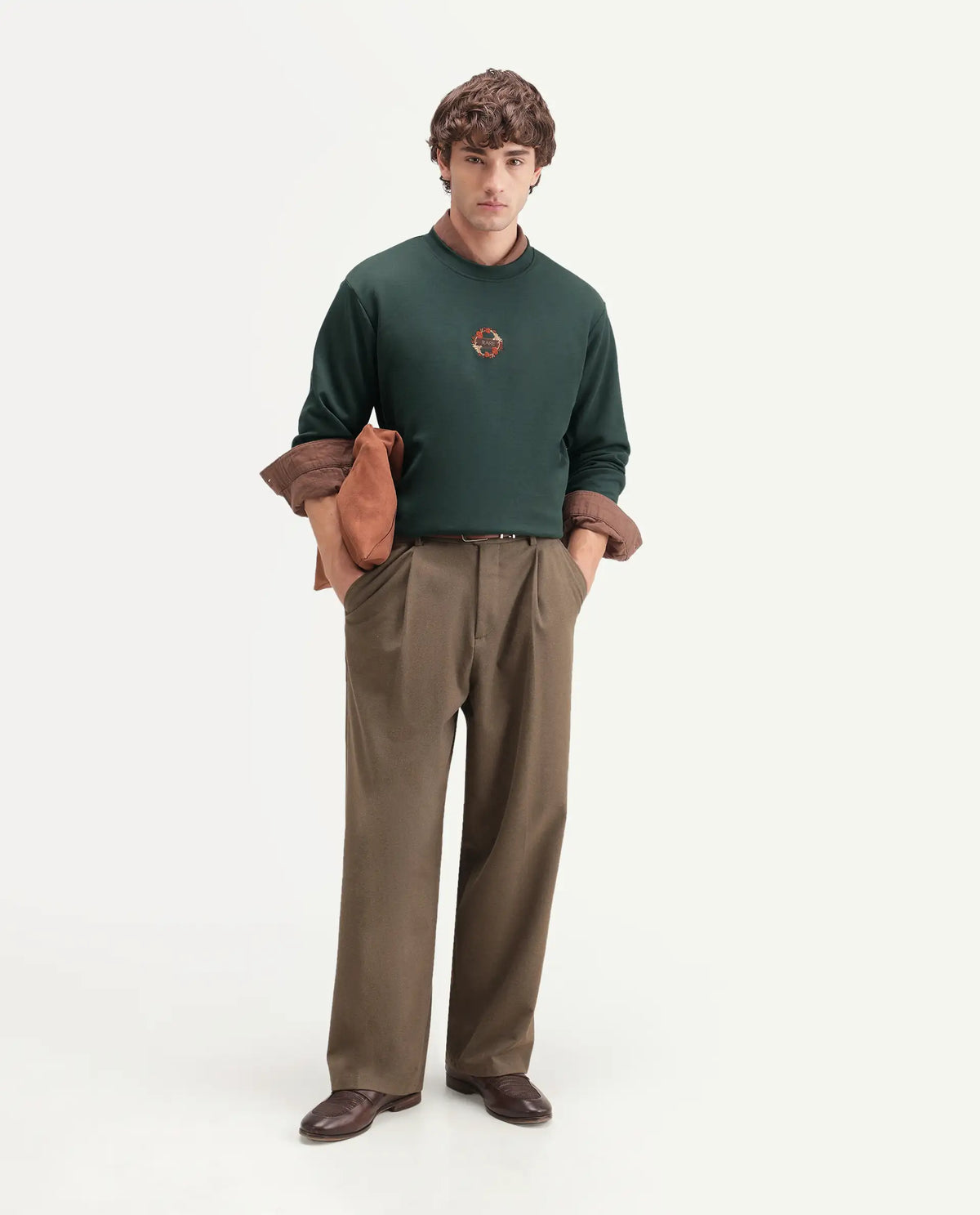 Rare Rabbit Men's Gian Dark Green Cotton Blend Crew Neck Regular Embroidered Sweatshirt