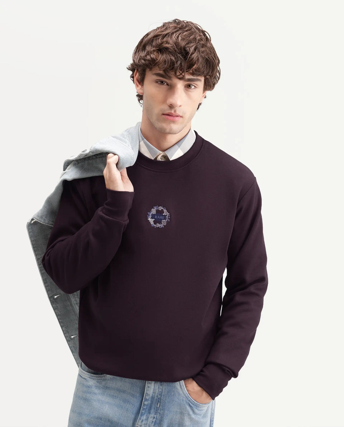 Rare Rabbit Men's Gian Dark Maroon Cotton Blend Crew Neck Regular Embroidered Sweatshirt