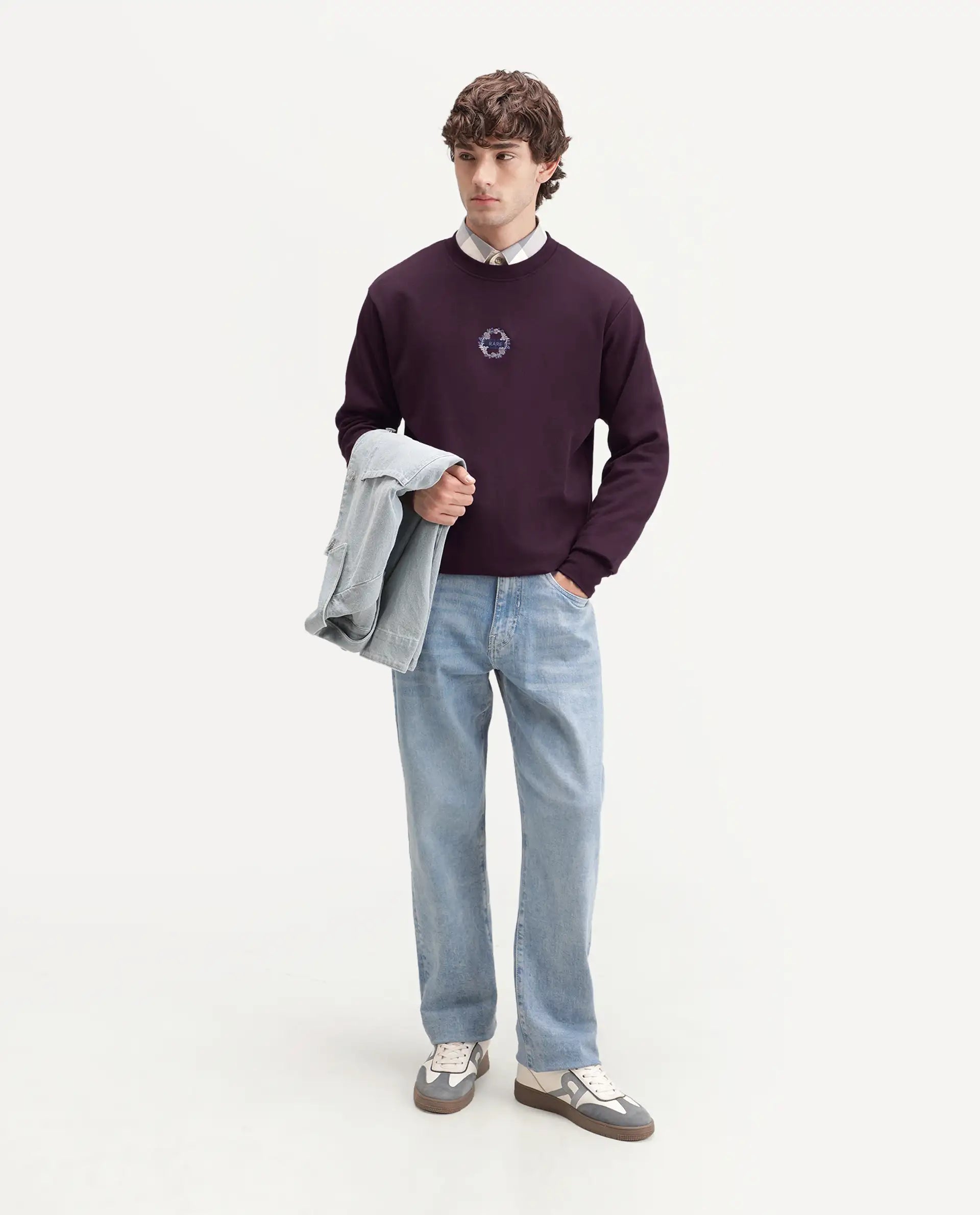 Rare Rabbit Men's Gian Dark Maroon Cotton Blend Crew Neck Regular Embroidered Sweatshirt
