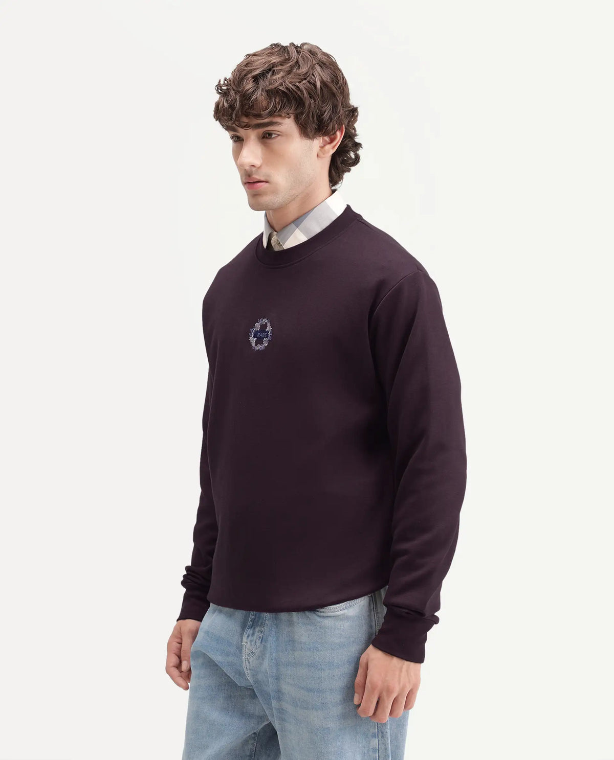Rare Rabbit Men's Gian Dark Maroon Cotton Blend Crew Neck Regular Embroidered Sweatshirt