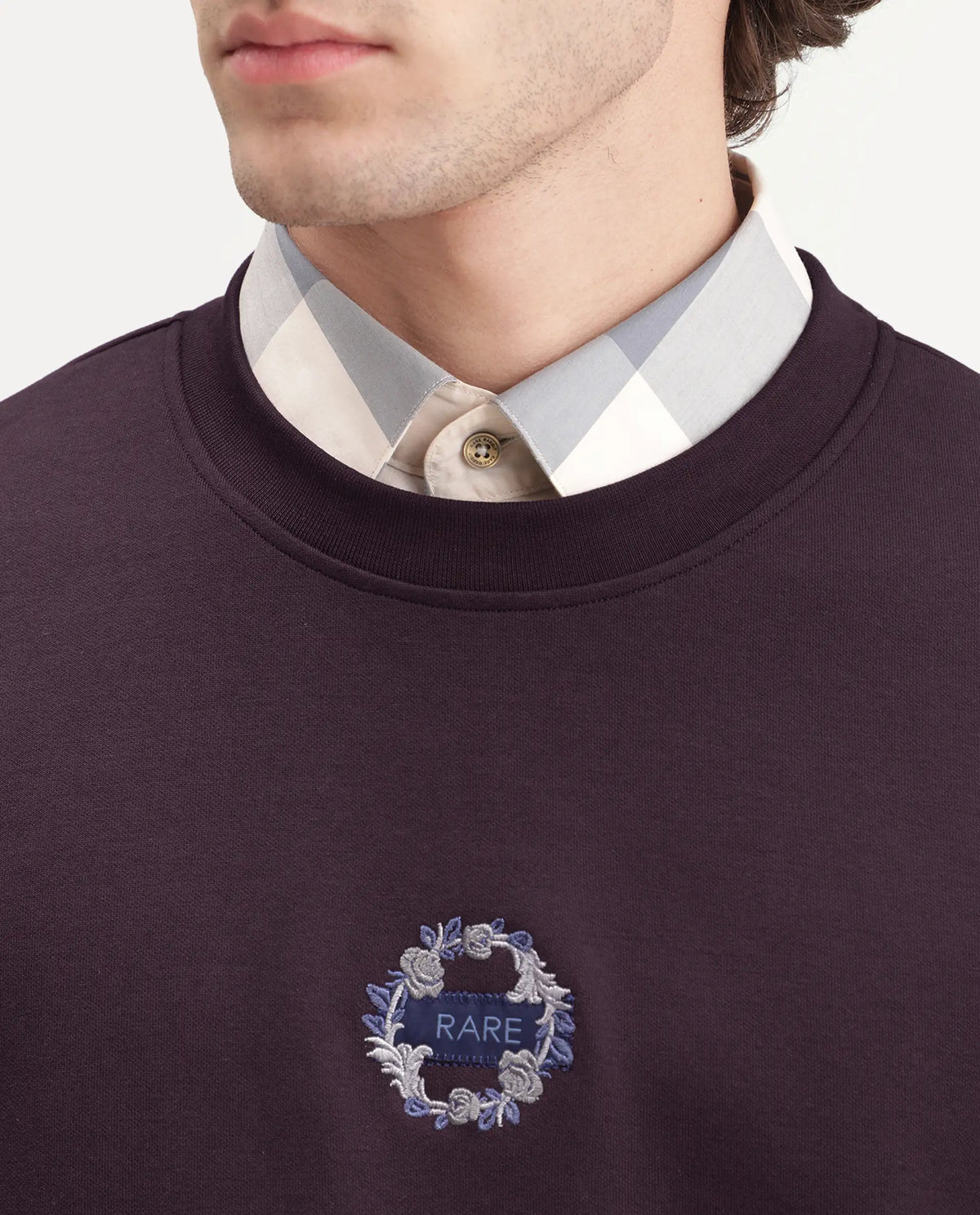 Rare Rabbit Men's Gian Dark Maroon Cotton Blend Crew Neck Regular Embroidered Sweatshirt