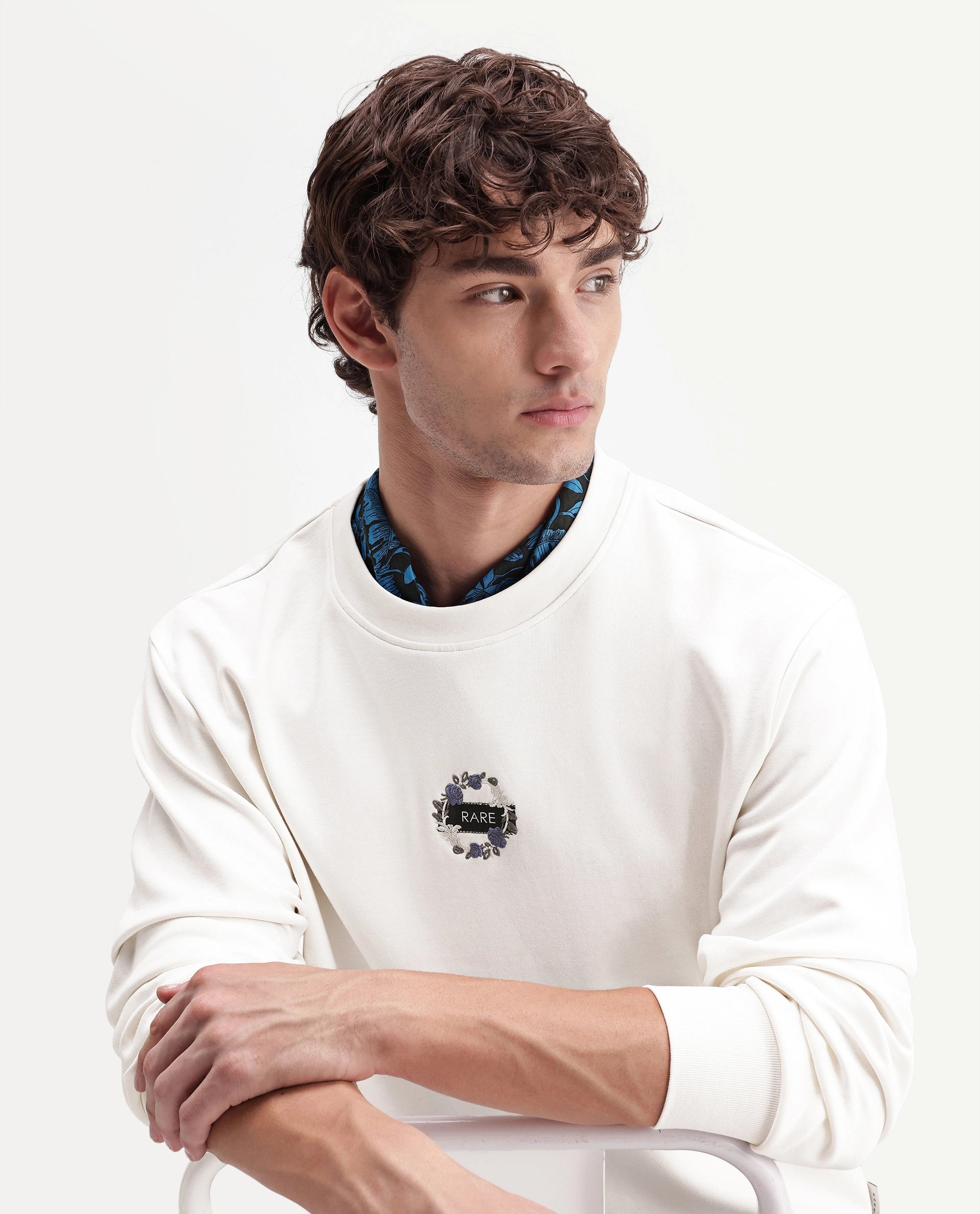 Rare Rabbit Men's Gian Primary Off White Cotton Blend Crew Neck Regular Embroidered Sweatshirt