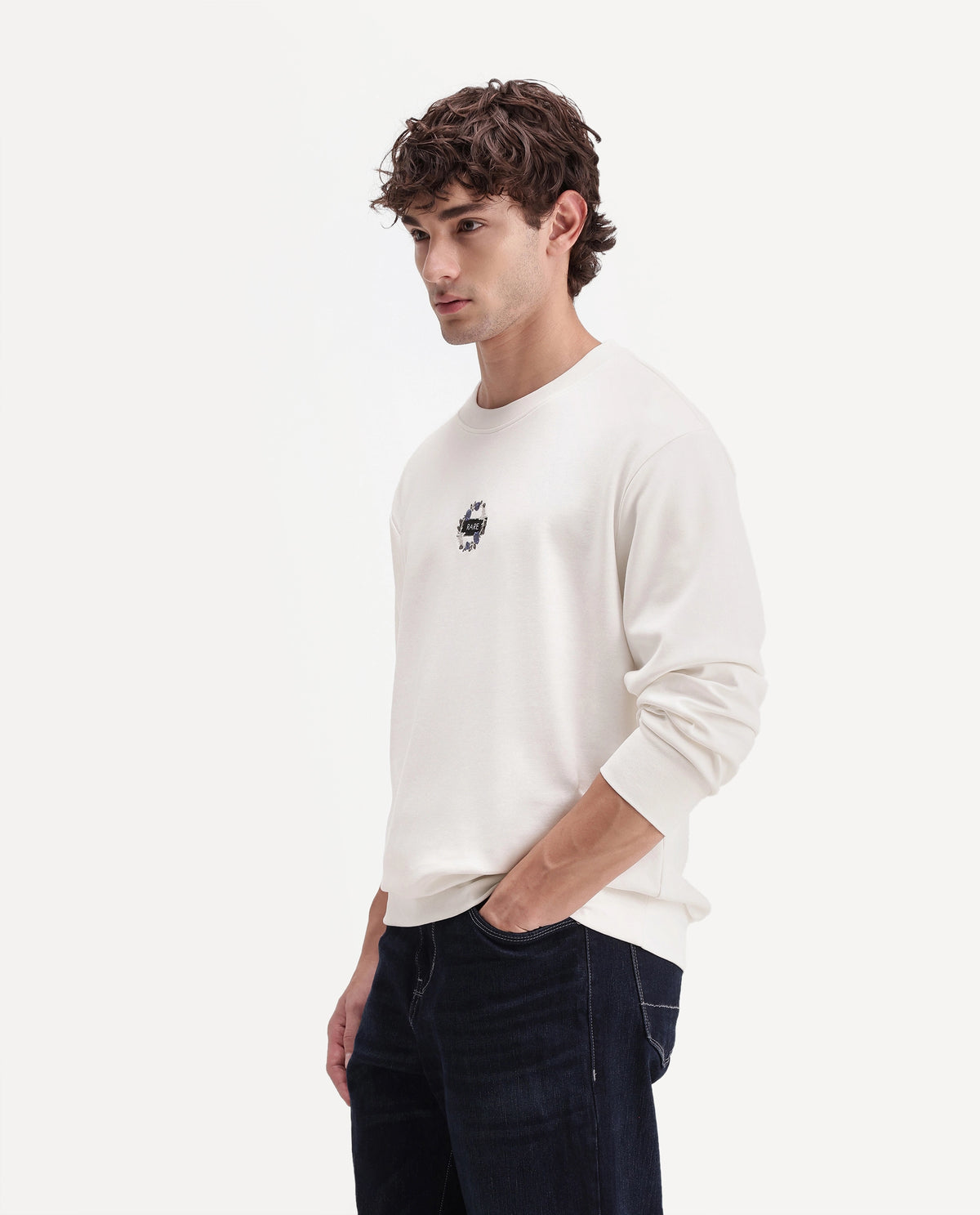 Rare Rabbit Men's Gian Primary Off White Cotton Blend Crew Neck Regular Embroidered Sweatshirt
