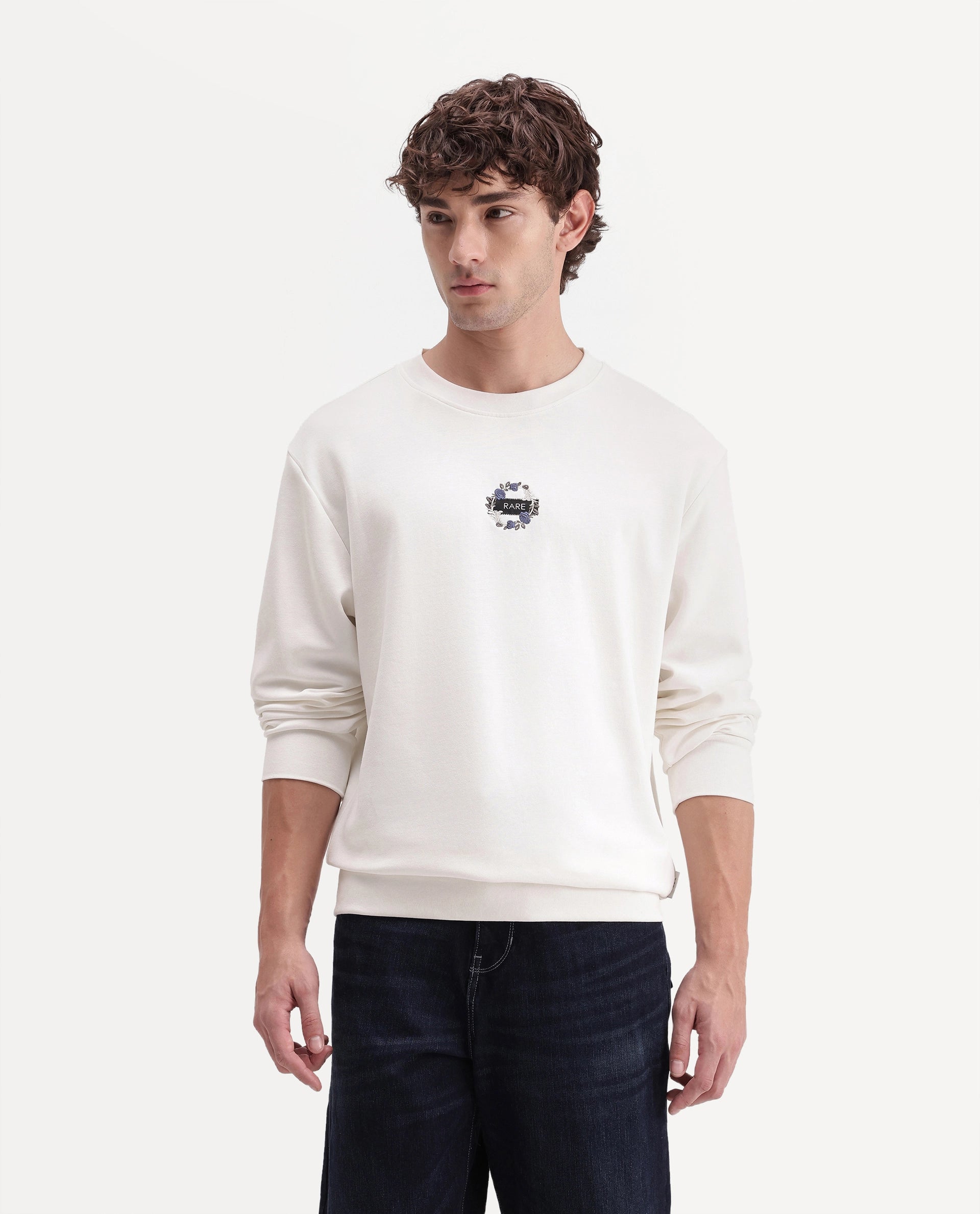 Rare Rabbit Men's Gian Primary Off White Cotton Blend Crew Neck Regular Embroidered Sweatshirt
