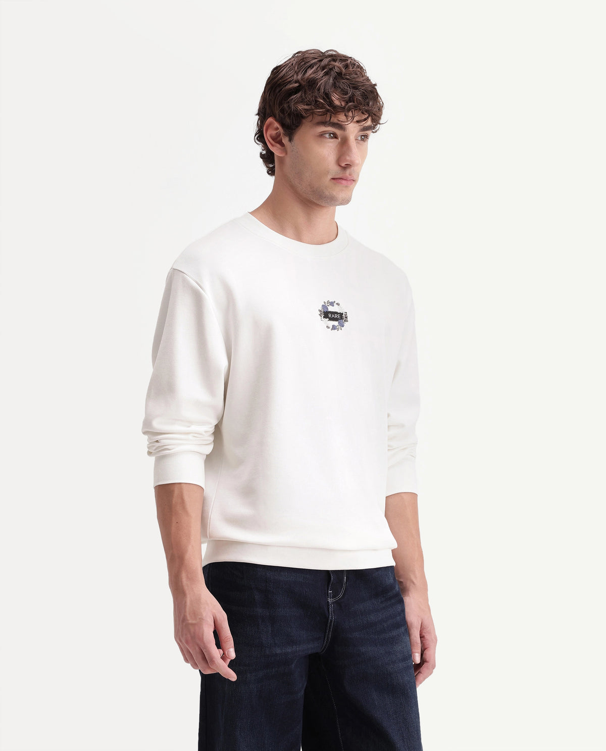 Rare Rabbit Men's Gian Primary Off White Cotton Blend Crew Neck Regular Embroidered Sweatshirt