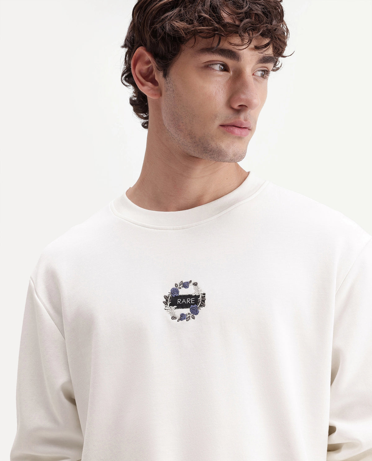 Rare Rabbit Men's Gian Primary Off White Cotton Blend Crew Neck Regular Embroidered Sweatshirt