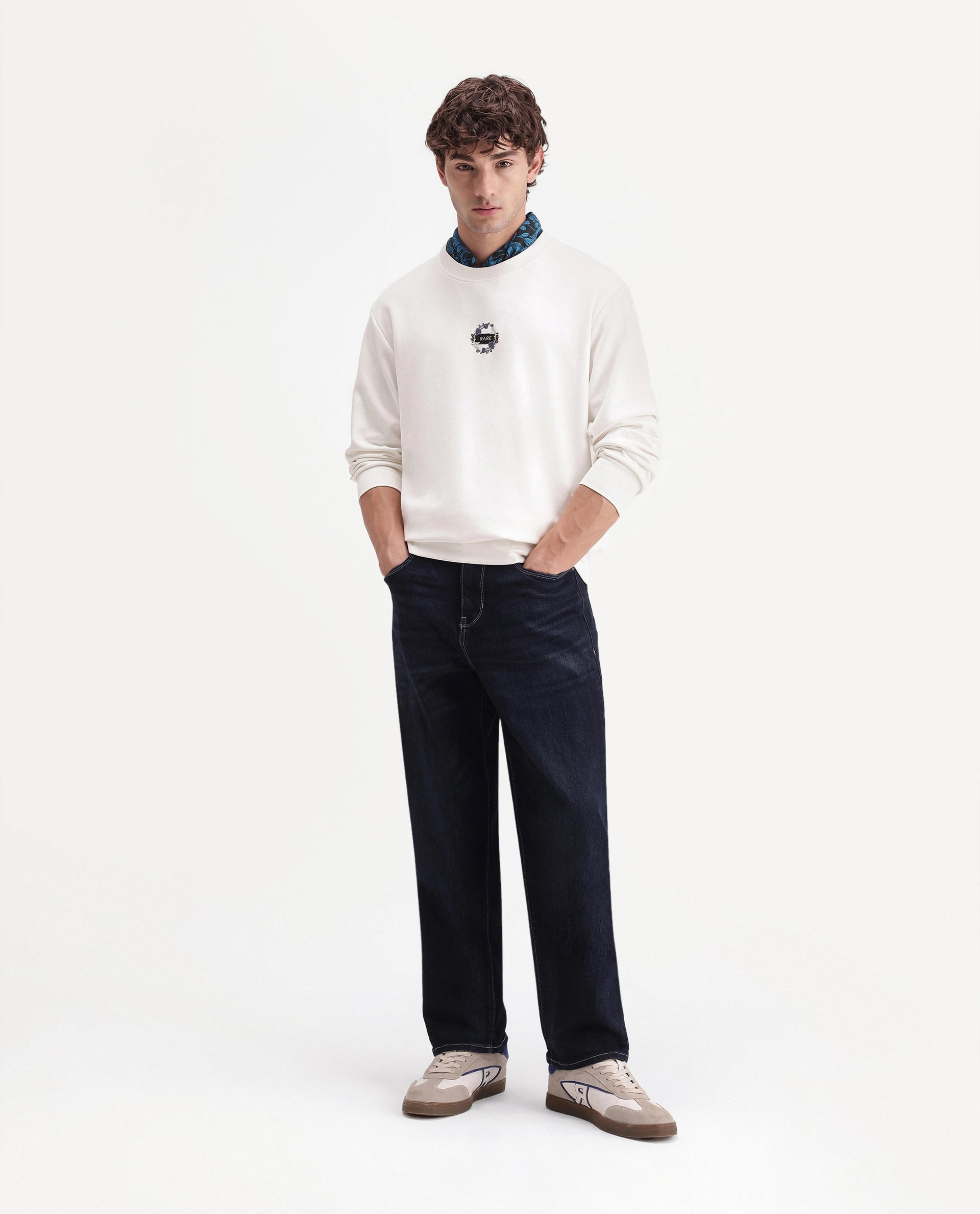 Rare Rabbit Men's Gian Primary Off White Cotton Blend Crew Neck Regular Embroidered Sweatshirt