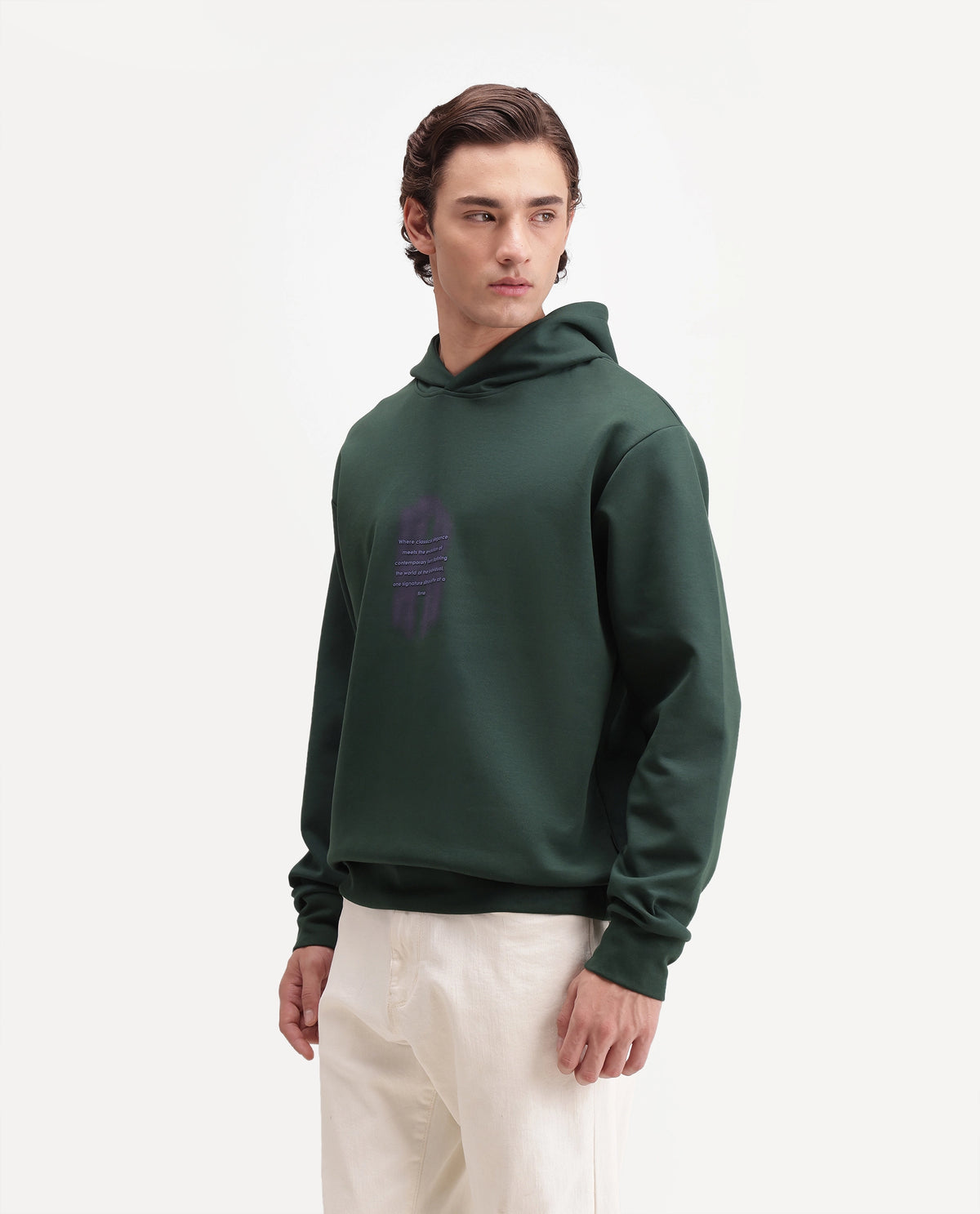 Rare Rabbit Men's Ble Dark Green Cotton Blend Hooded Regular Graphic Print Sweatshirt
