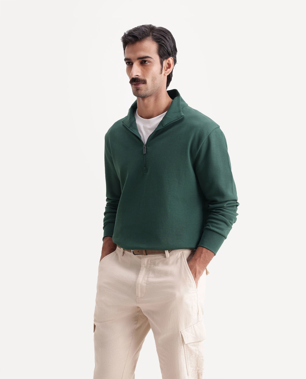 Rare Rabbit Men's Polza Green Cotton Blend Stand Collar Zipper Regular Plain Sweatshirt - image 5