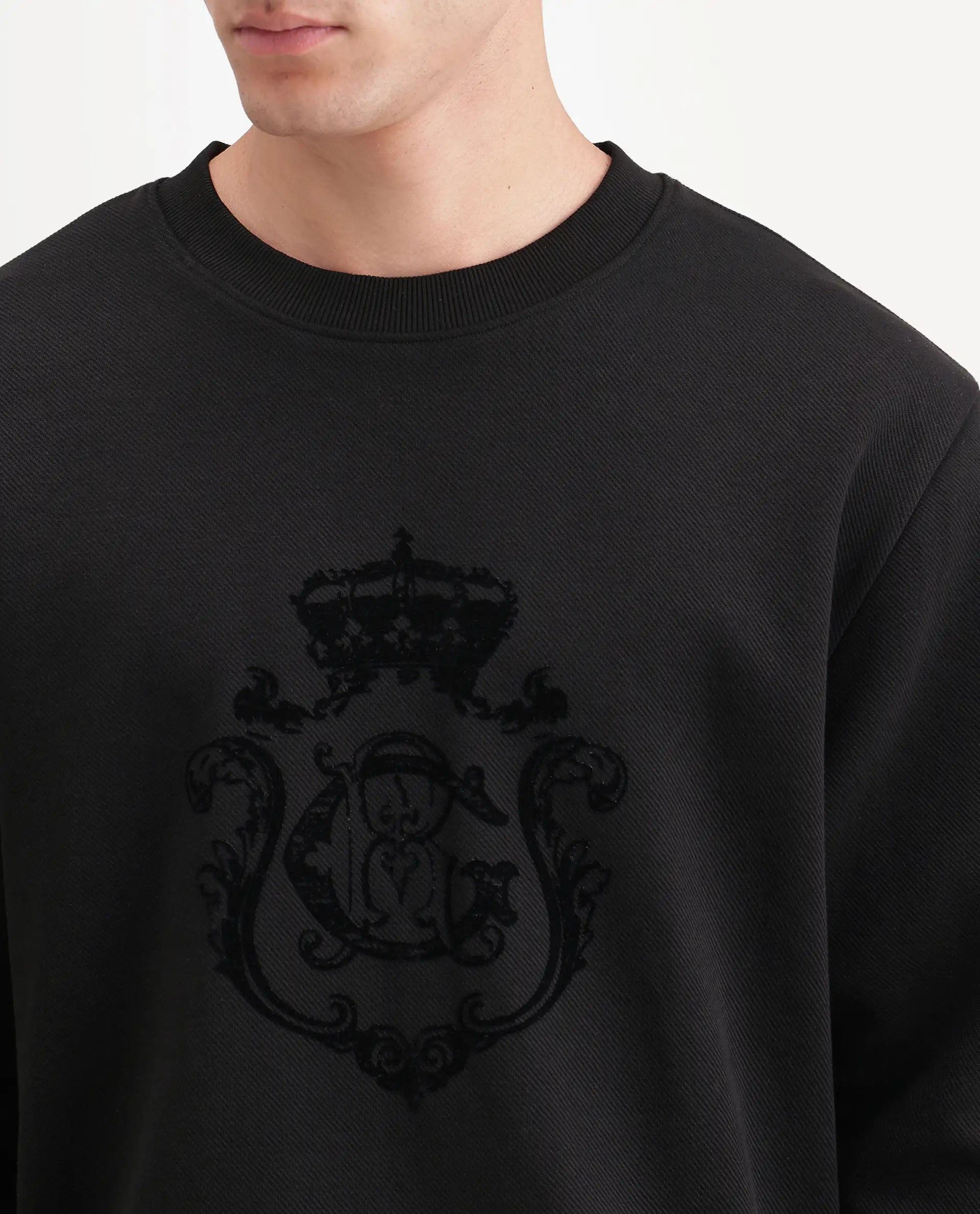 Rare Rabbit Men's Lago Primary Black Cotton Blend Crew Neck Regular Graphic Print Sweatshirt