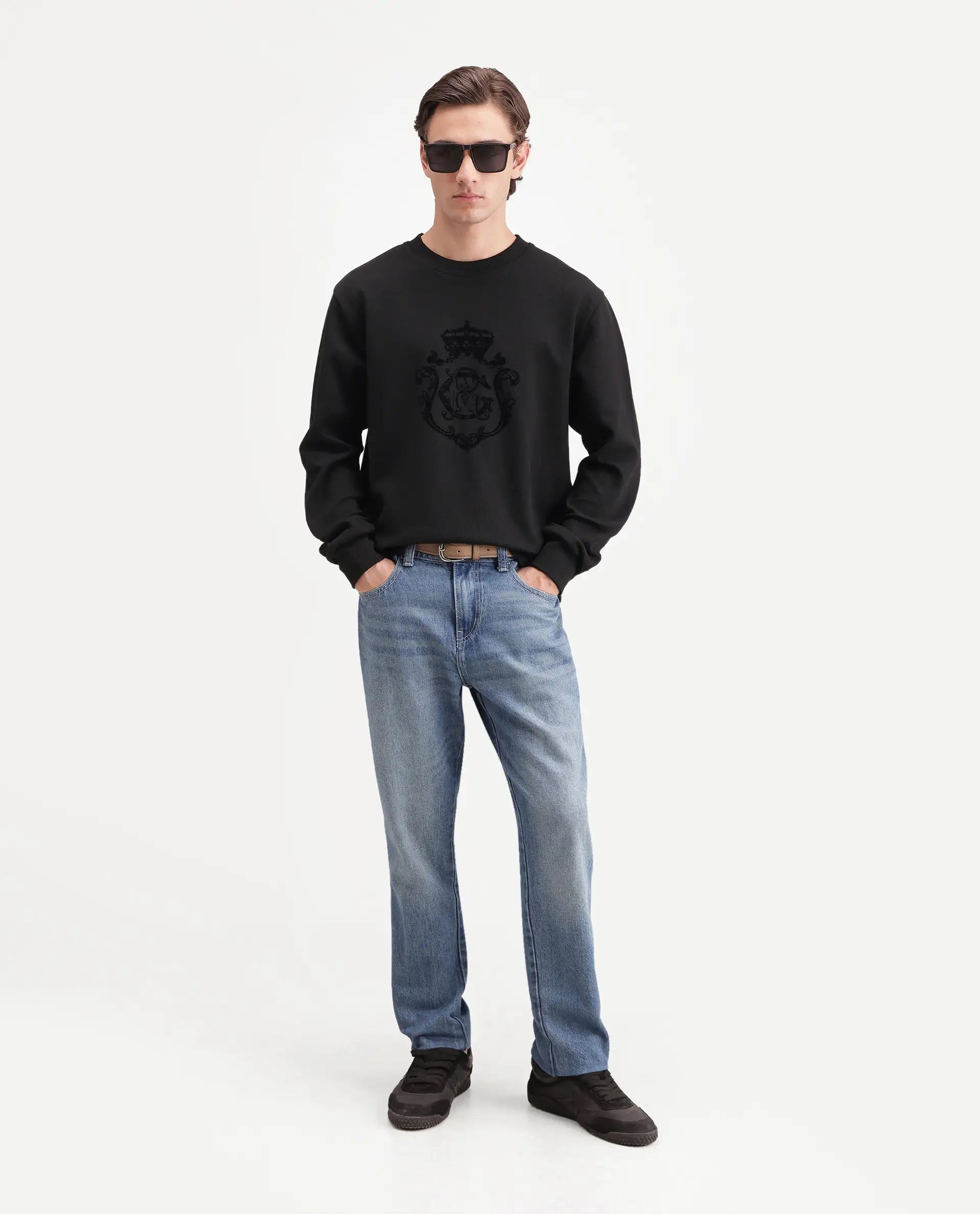 Rare Rabbit Men's Lago Primary Black Cotton Blend Crew Neck Regular Graphic Print Sweatshirt