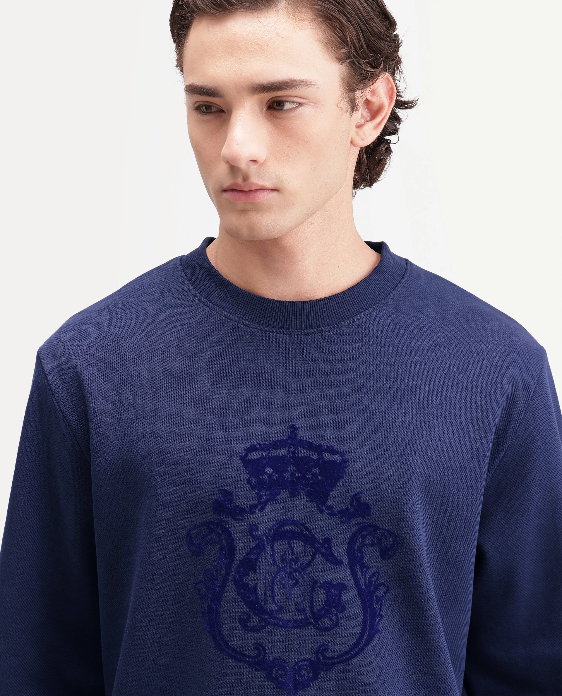 Rare Rabbit Men's Lago Primary Navy Cotton Blend Crew Neck Regular Graphic Print Sweatshirt