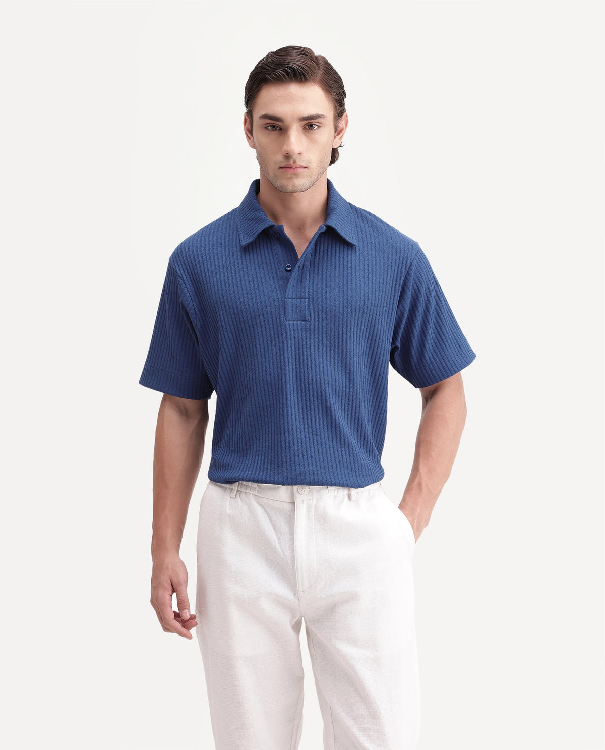 Rare Rabbit Men's Hexx Primary Blue Cotton Blend Spread Collar Regular Plain Polo