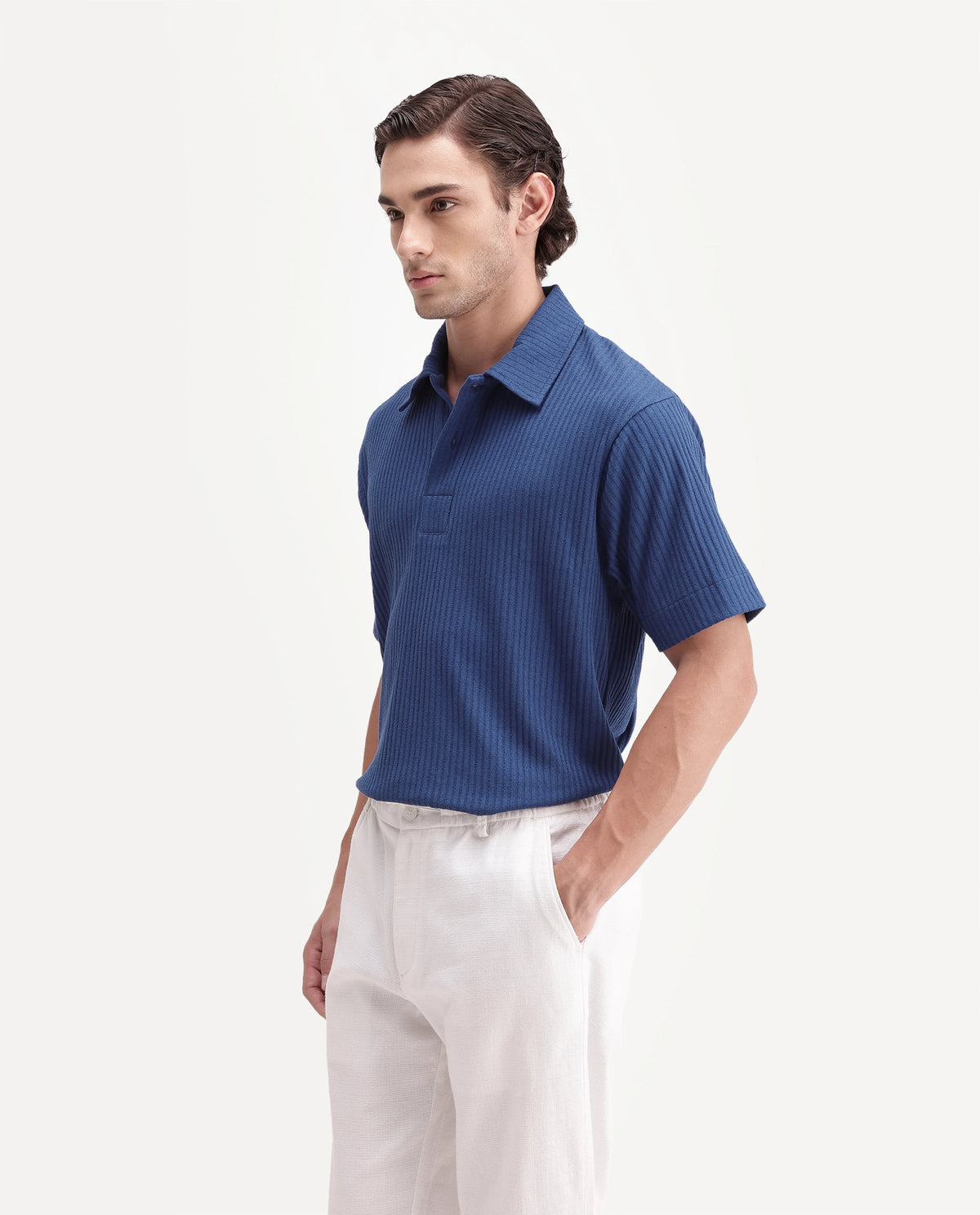 Rare Rabbit Men's Hexx Primary Blue Cotton Blend Spread Collar Regular Plain Polo