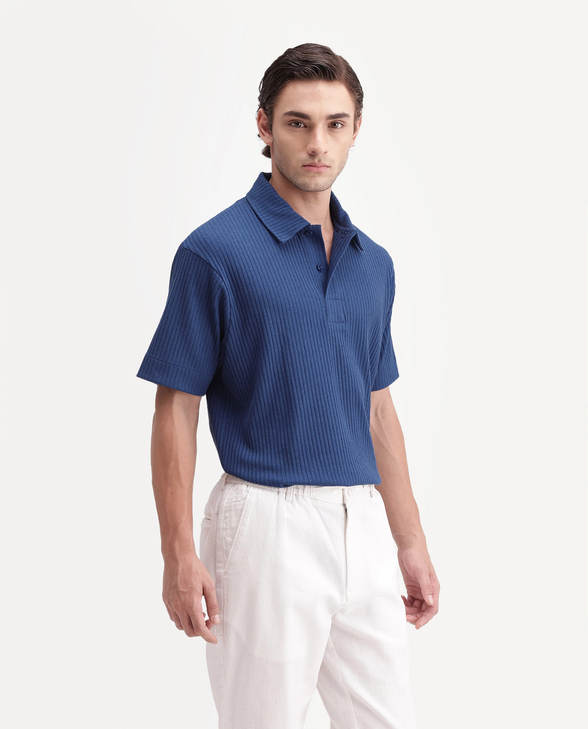 Rare Rabbit Men's Hexx Primary Blue Cotton Blend Spread Collar Regular Plain Polo