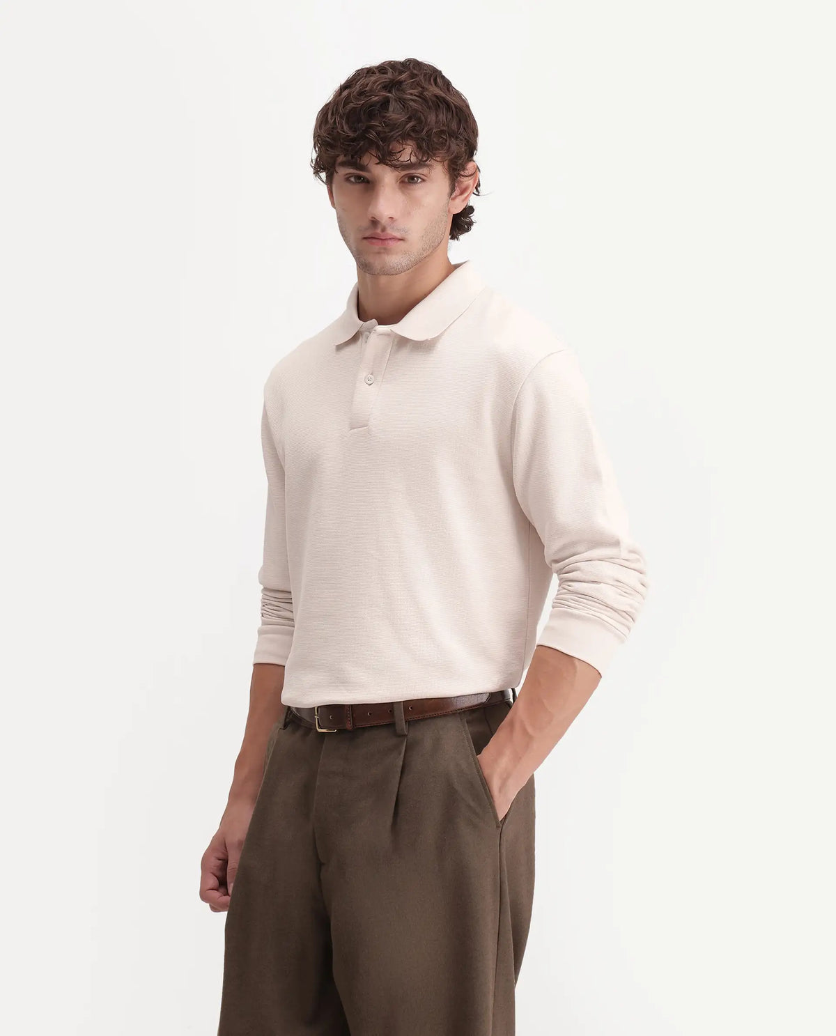 Rare Rabbit Men's Niue Light Beige Cotton Blend Spread Collar Regular Textured Polo